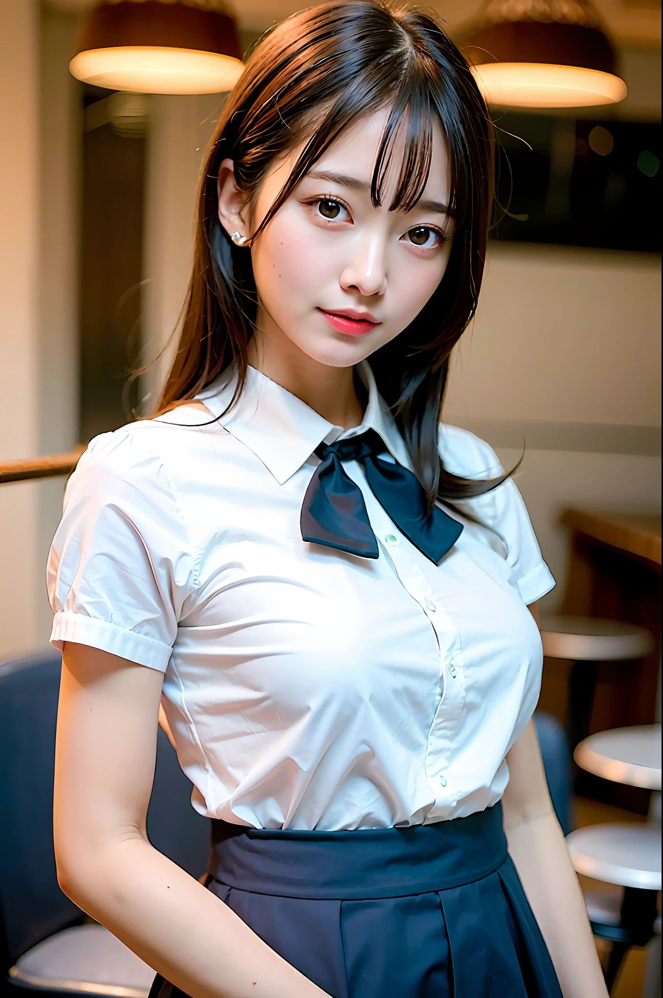 Top Quality, Ultra High Definition, (Photorealistic: 1.4), 1 girl, white blouse, blue skirt, bow tie, (faded ash-gray hair: 1), (Normal breasts: 1), Watch viewer, Cafe