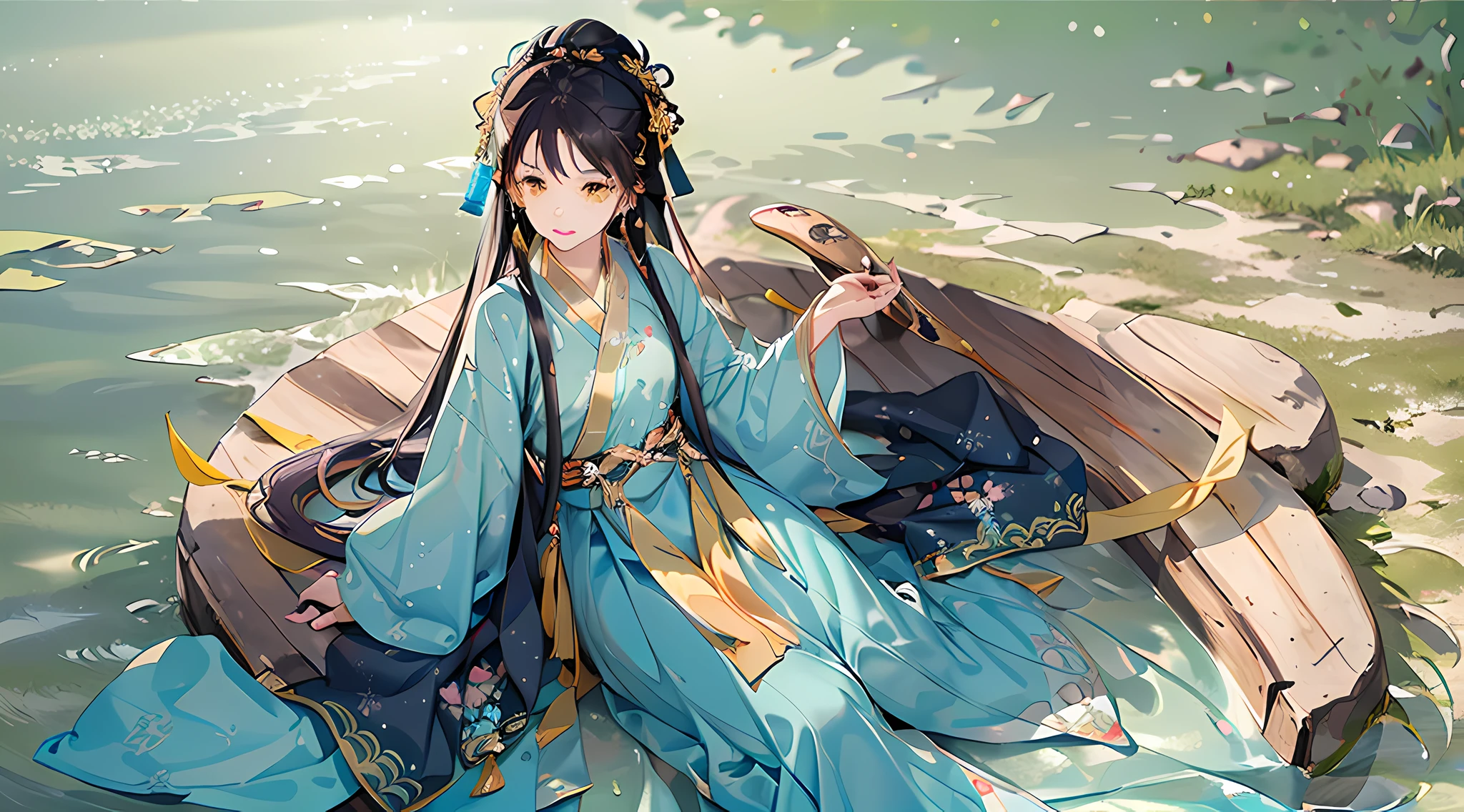 best quality, intricate details, highres,(beautiful detailed water:1.4),(hanfu, tang style),yellow eyes,(1girl in glass jar:1.1),