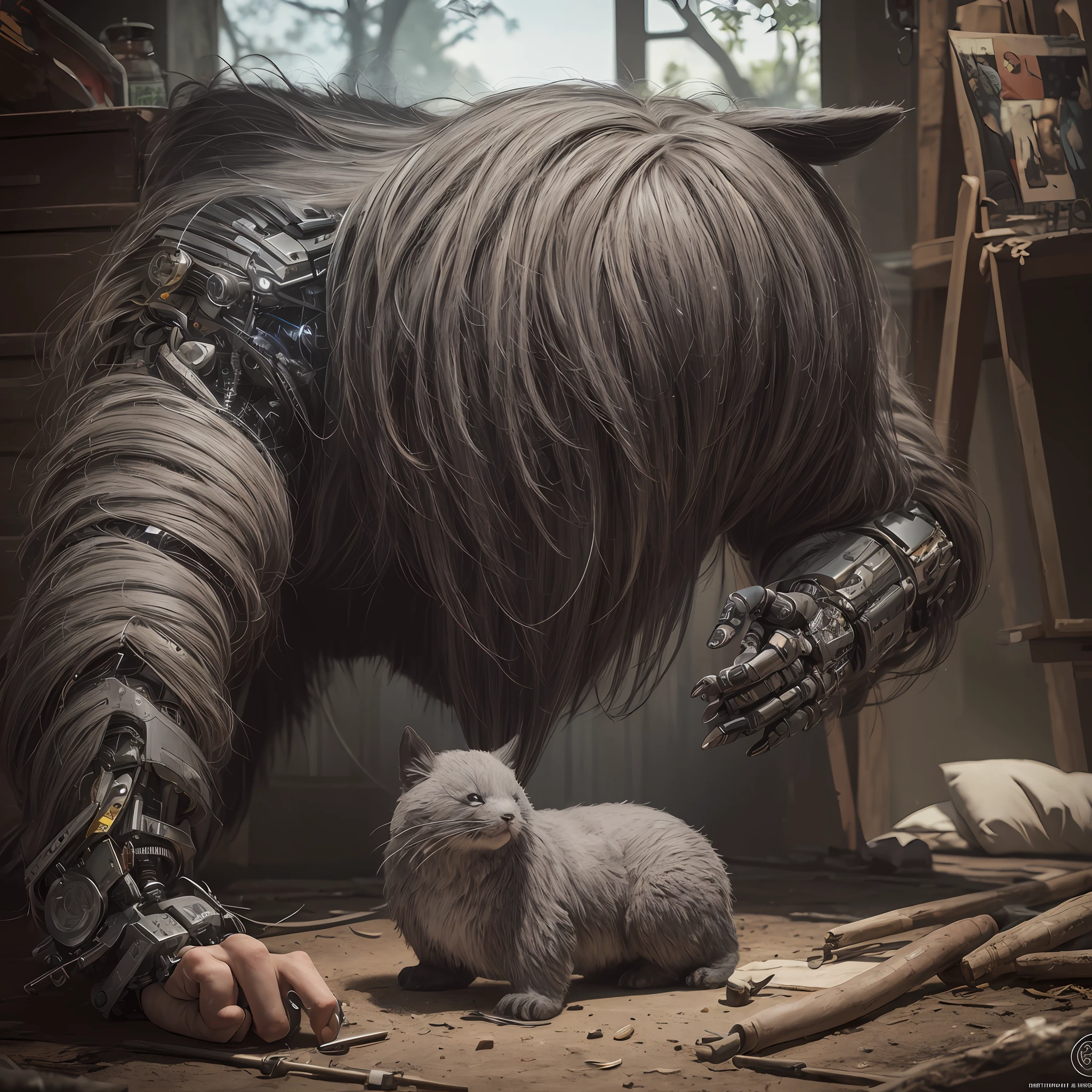 fentezi, Akaarel, Totoro + Forest Keeper, A large shaggy gray creature, Great, A thick gray creature, 独奏, The whole body is made of metal, (A cyborg:1.1), ([tail | Detailed wire]:1.3), (intricate detials), HDR, (intricate detials, hyper-detailing:1.2), cinematic still, vignette, in the center, “Hyper-realistic textures," "Exact Details,” “Realistic still life,” “Realistic portraits,” “Realistic landscapes.“Hyper-realistic textures," "Exact Details,” “Realistic still life,” “Realistic portraits,” “Realistic landscapes."