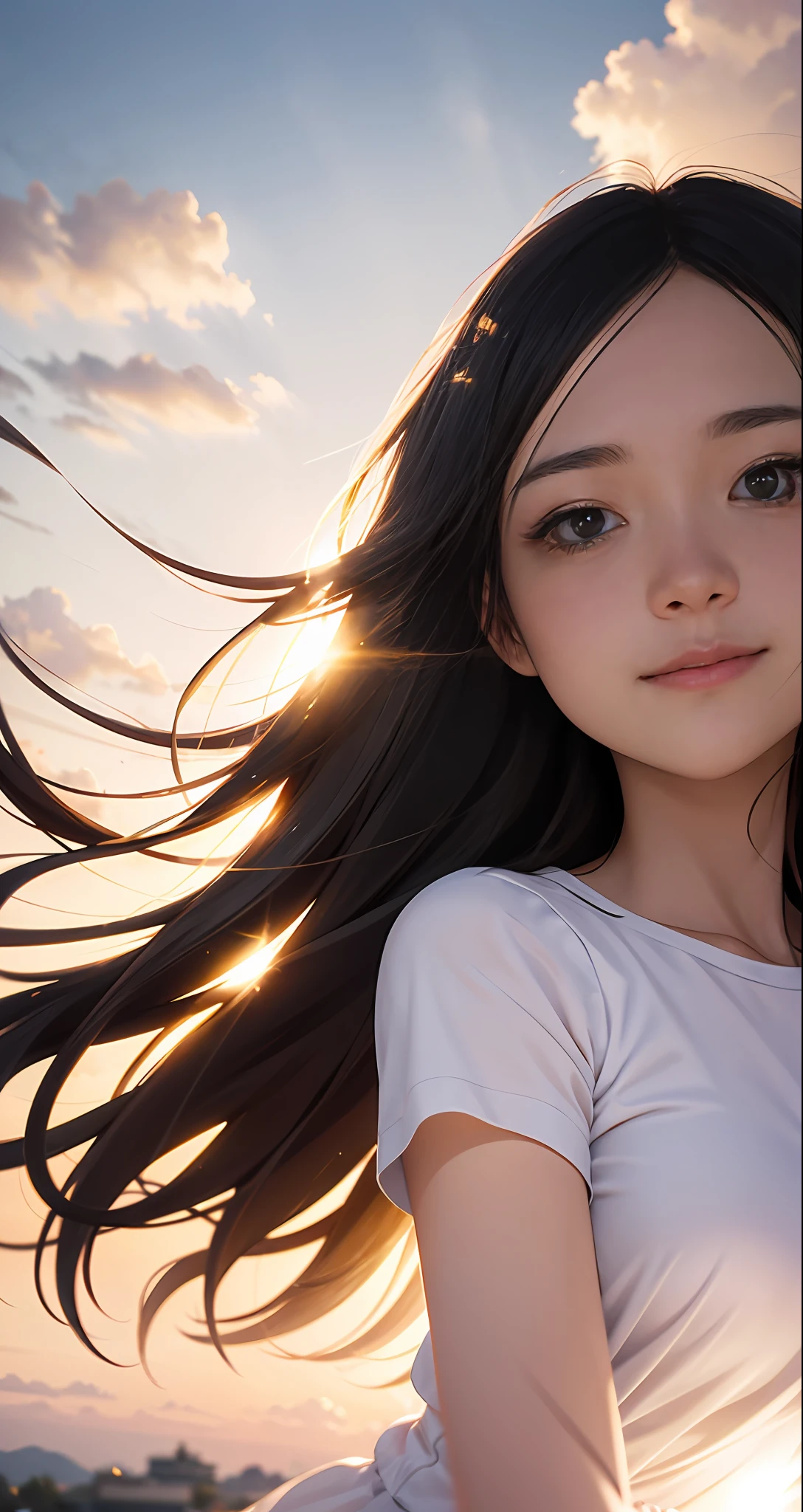 masterpiece, best quality, movie still, 1girl, cloud girl, floating in the sky, close-up, bright, happy, warm soft lighting, sunset, (sparks:0.7)