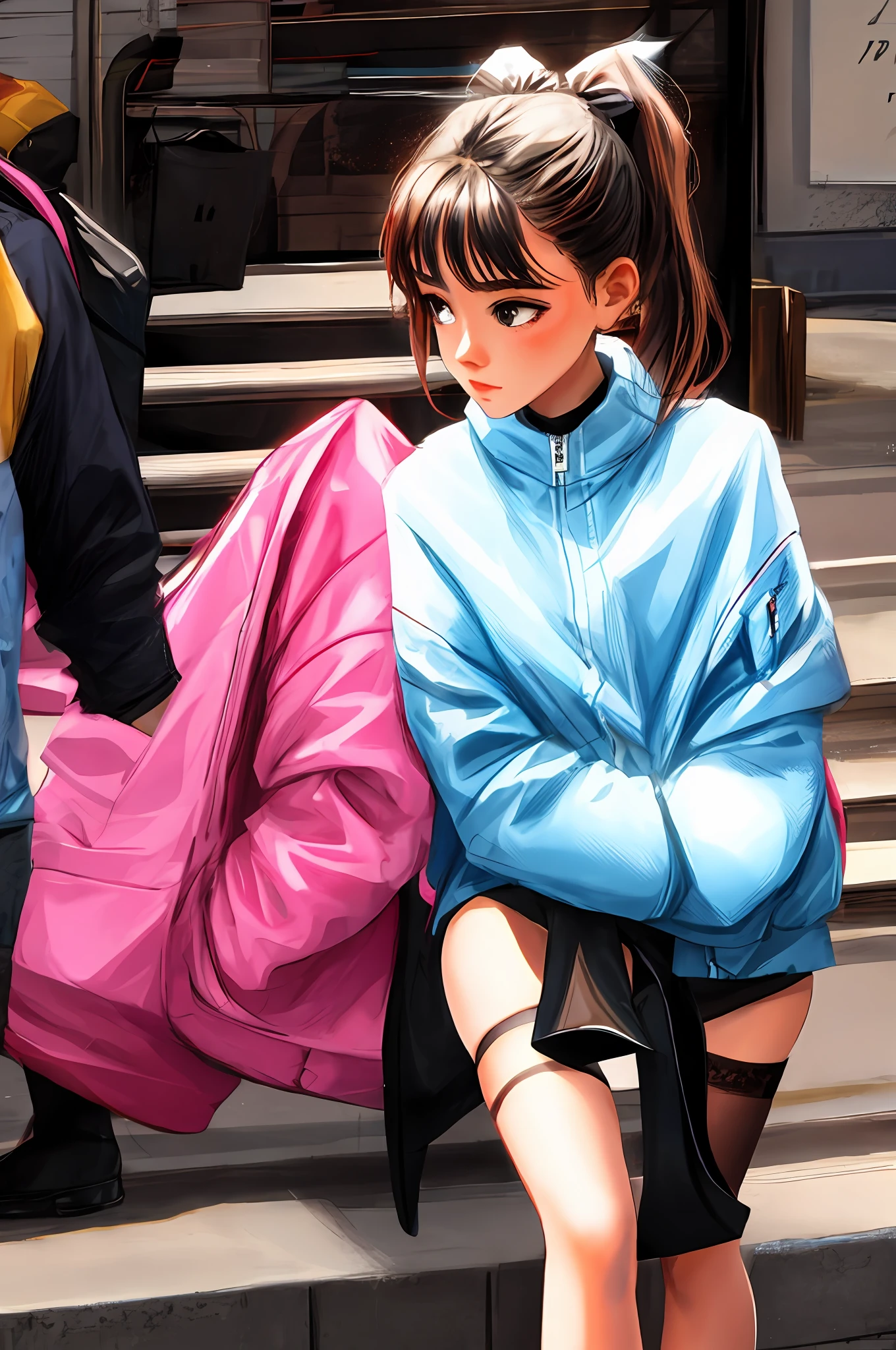 4K,teens girl,Black double ponytail hair,black lence stockings,Clothing indentation