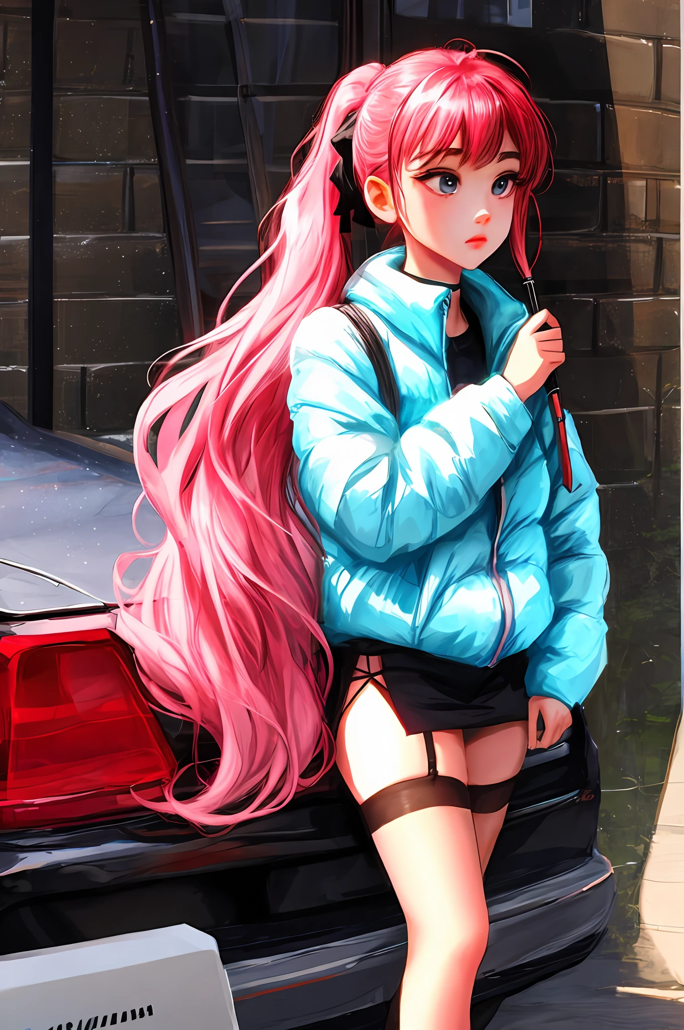 4K，teens girl，Black double ponytail hair，black lence stockings，Clothing indentation
