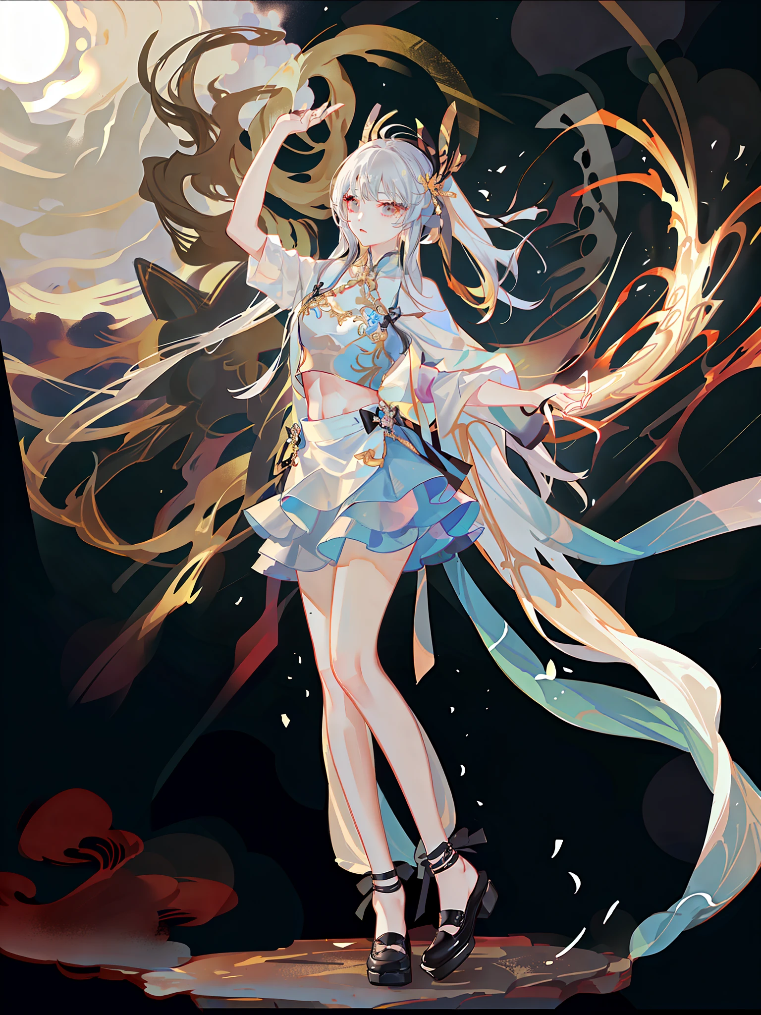 ((Dark Light, Top Quality, 8K, Masterpiece: 1.3)), (Focus: 1.2), (In Chinese, Casual Theme, Outdoor: 1.5), (Beauty & Slim Abs: 1.4), ((Layered Hairstyle)), (White Shirt: 1.6), (White Lace Short Skirt: 1.3), Highly Detailed Face and Skin Texture, Whitening Skin, (Full Body: 1.4), White Clothes, Forest, Evening
