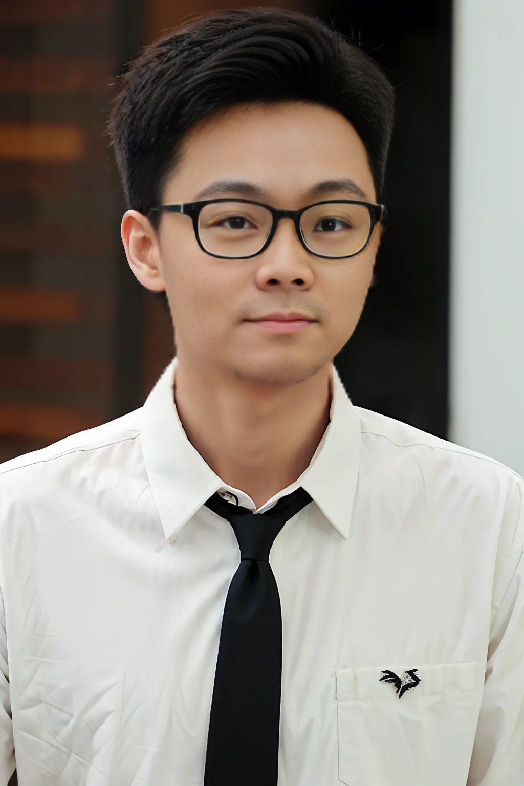With black-framed glasses