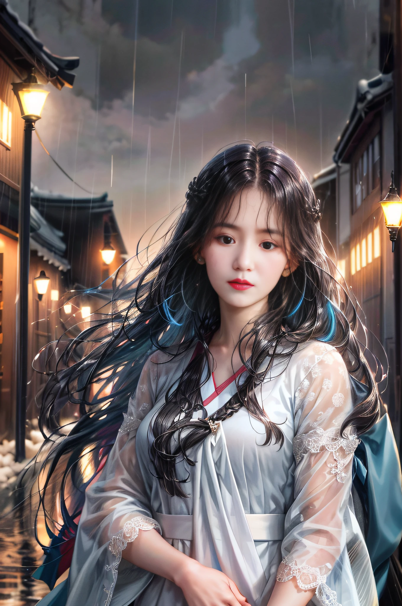 (absurd, highres, ultra detailed), 1girl, solo, mature, (very long hair, black hair, bangs: 1.4), long dress, long sleeves, colorful, highest detail, upper body, 21st century, girl of today, scenery city of korea, at night, night scenery, with many buildings and lights, she crying in the rain, really sad, her expression on her face is very painful, Completely black hair with tears down her cheeks, expression on her face really painful, very sad eyes