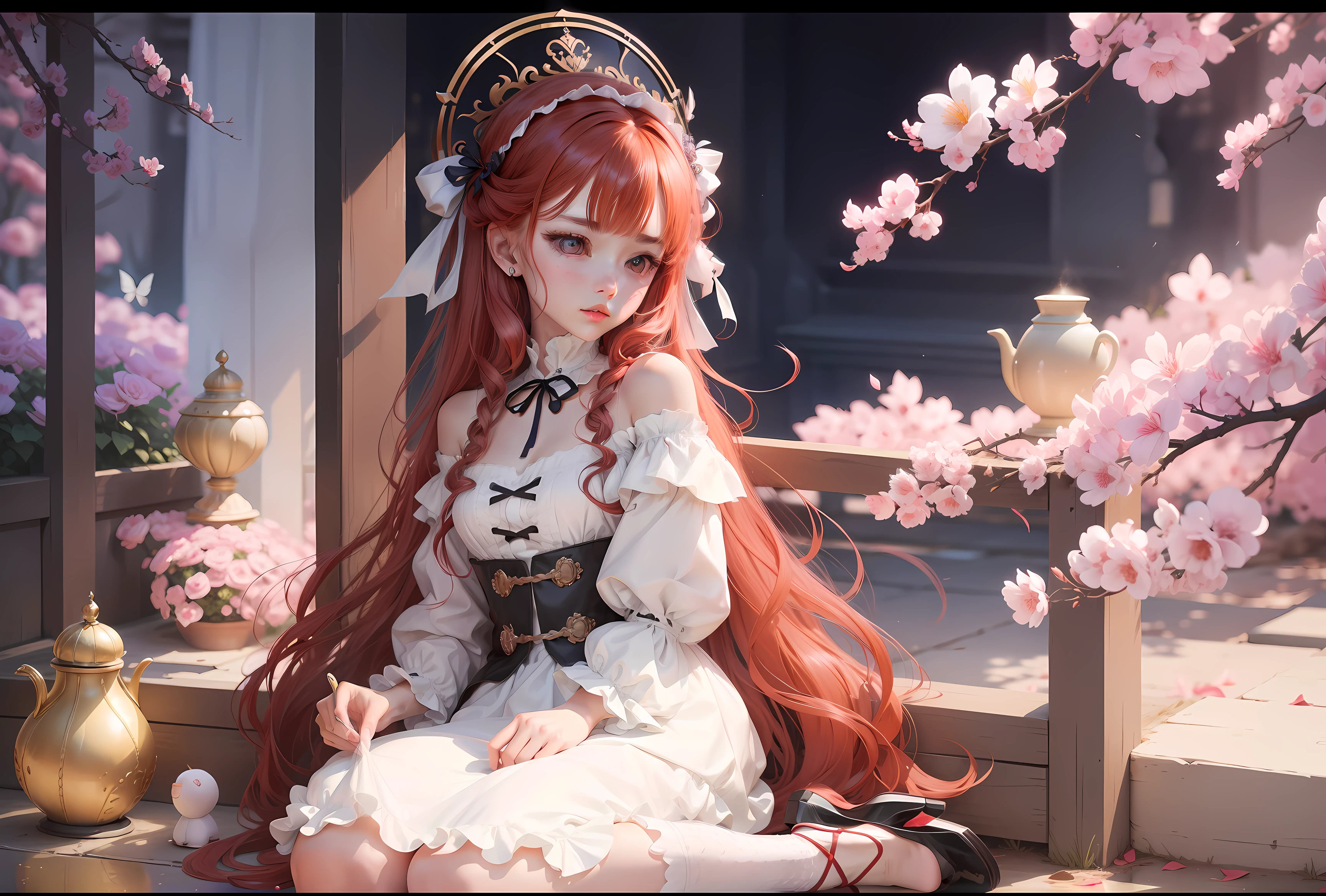 Formerly dressed in witch costume，Later, he likes to wear white taffeta off-the-shoulder dresses，And Roman shoes with high heels，Use a white headband to tie up your long hair。The clothes she matched made her look like a princess from an 18th-century portrait。She looks similar to Nono，Soft and smooth red hair、Rounded forehead、Long eyelashes、Rare deep rose-red eyes、Swan-like neck、Clear butterfly bone、Delicate and gentle skin、Exquisite calves、Slender ankles、long slim figure、Evenly stopped flesh and bones、It's perfect，There is a spirit between the eyebrows。natural，simplicity，Ignorant of the world and defenseless against men，The mental age is much younger than the appearance，A well-behaved girl like a cat。 --auto