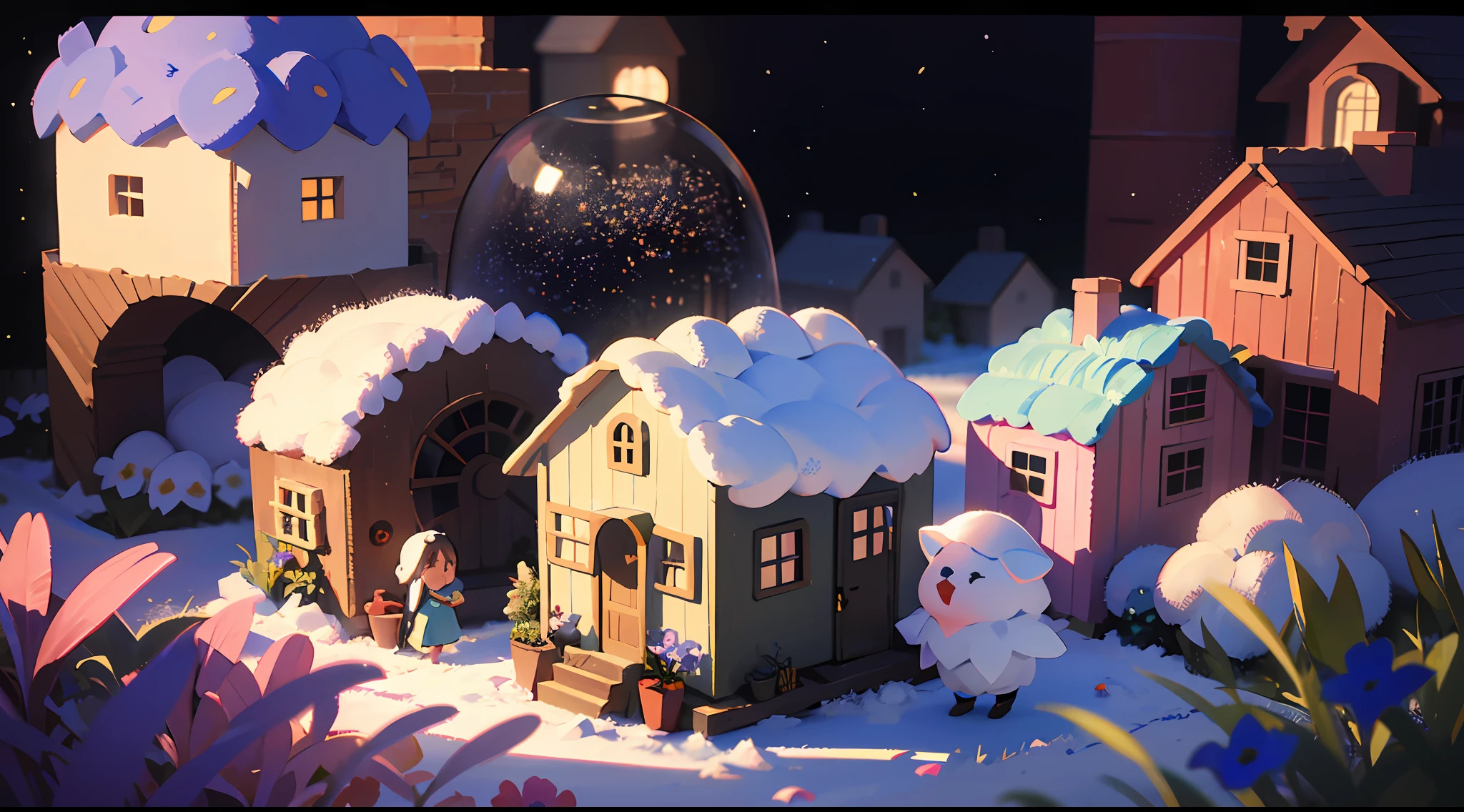 cute world of wool felt, wool knitted fabric, cartoon, some small houses, farms, barracks, warehouses, flower houses, super cute, superb lighting, volumetrics, by Jon Klassen, Ghibli Studio style, Tilt - shift, 80mm lens, Large aperture, 3d, blender, masterpiece, super detail, best quality, --v6