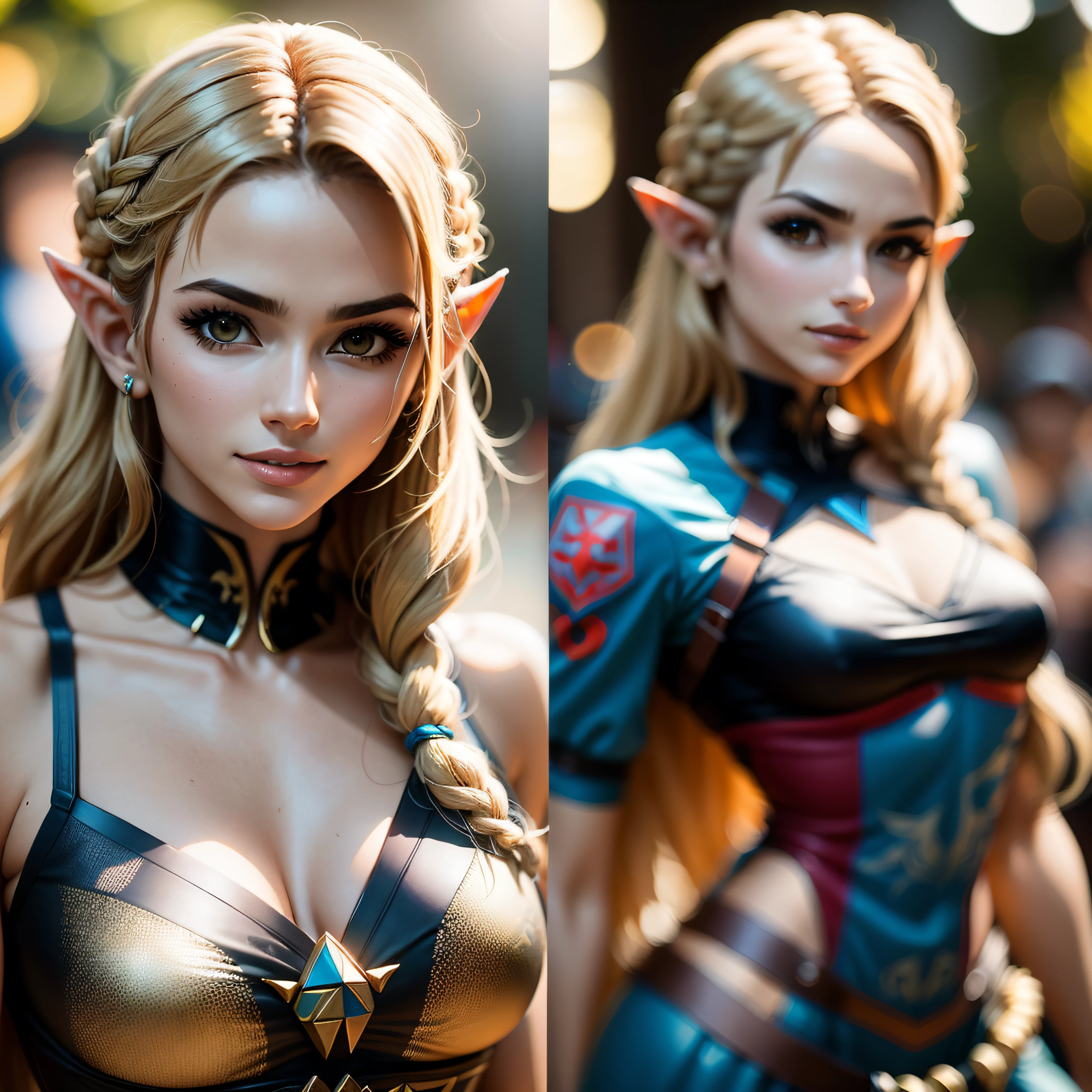 Mulher de cabelos loiros em roupa azul e bege segurando em poses de combate como em street fighter, lutando como em street fighter 2, guerreira, Zelda, Retrato de Zelda, de lenda de Zelda, Link da lenda de Zelda, link do Zelda, Fotos cosplay, Cosplay ornamentado, Cosplay profissional, Cosplay, Cosplay Completo, Artgerm Moody Fotografia, Princesa Zelda, Zelda como Triforce, Hyrule, Anime Garota Cosplay, ray-traced, 3d-render, extremanente detalhado, alta qualidade, Luz e sombra realistas, cabelos loiros, eye reflection, Sorriso leve, ray tracing, ray tracing, High detail, realismo, hiper-realismo, profundidade de campo, cinematic lighting, desfoque de movimento, brilho, luz brilhante, raios de deus, ray tracing, reflection light, Afterimage, multiple views, Reflexo da lente, Bokeh, 4k, UHD, Masterpiece, anatomicamente correto, pele texturizada, Super Detalhe, alta qualidade, best quality, 8k