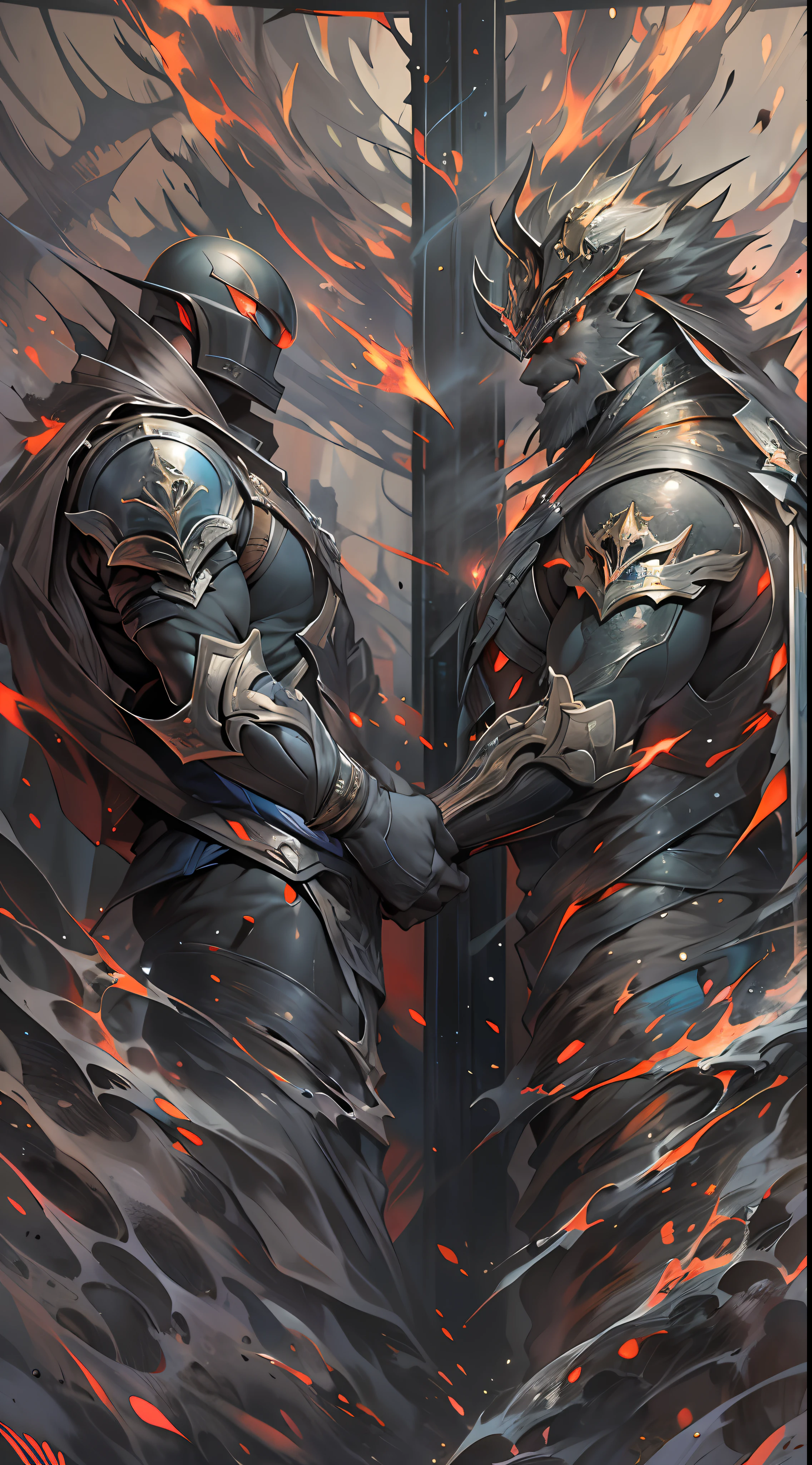 Two powerful forces facing each other, with thousands of people on each side, their gazes intersecting, creating a tense and intense atmosphere, 32k, best quality, masterpiece, super detail, high details,