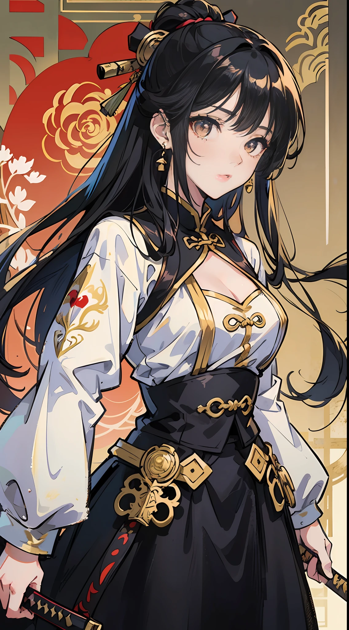 8k high definition, double, boy and girl twins, anime, long sleeve blouse, chinese long skirt, battle poze, black hair, golden eyes, katana, wallpaper