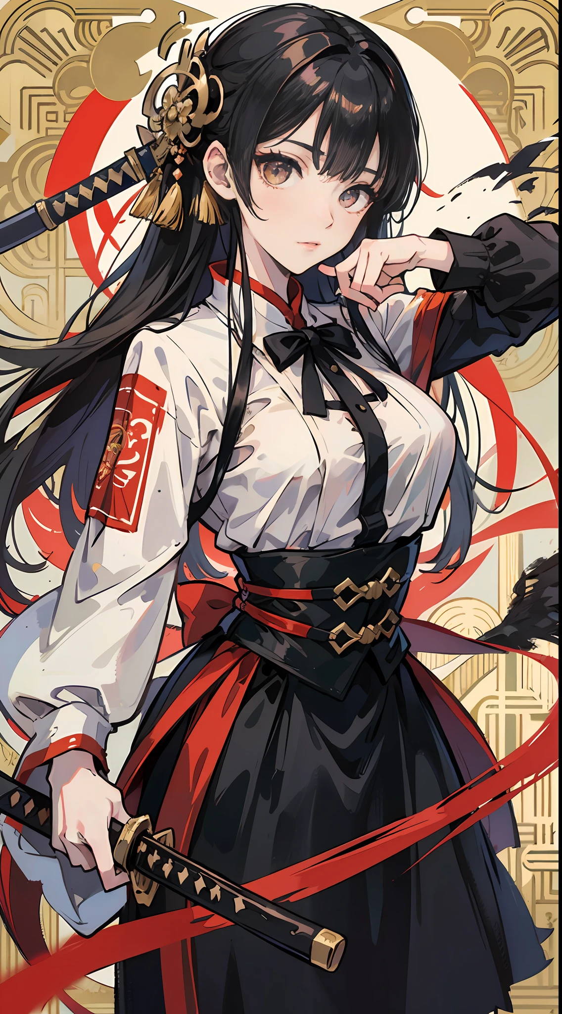 8k high definition, double, boy and girl twins, anime, long sleeve blouse, chinese long skirt, battle poze, black hair, golden eyes, katana, wallpaper