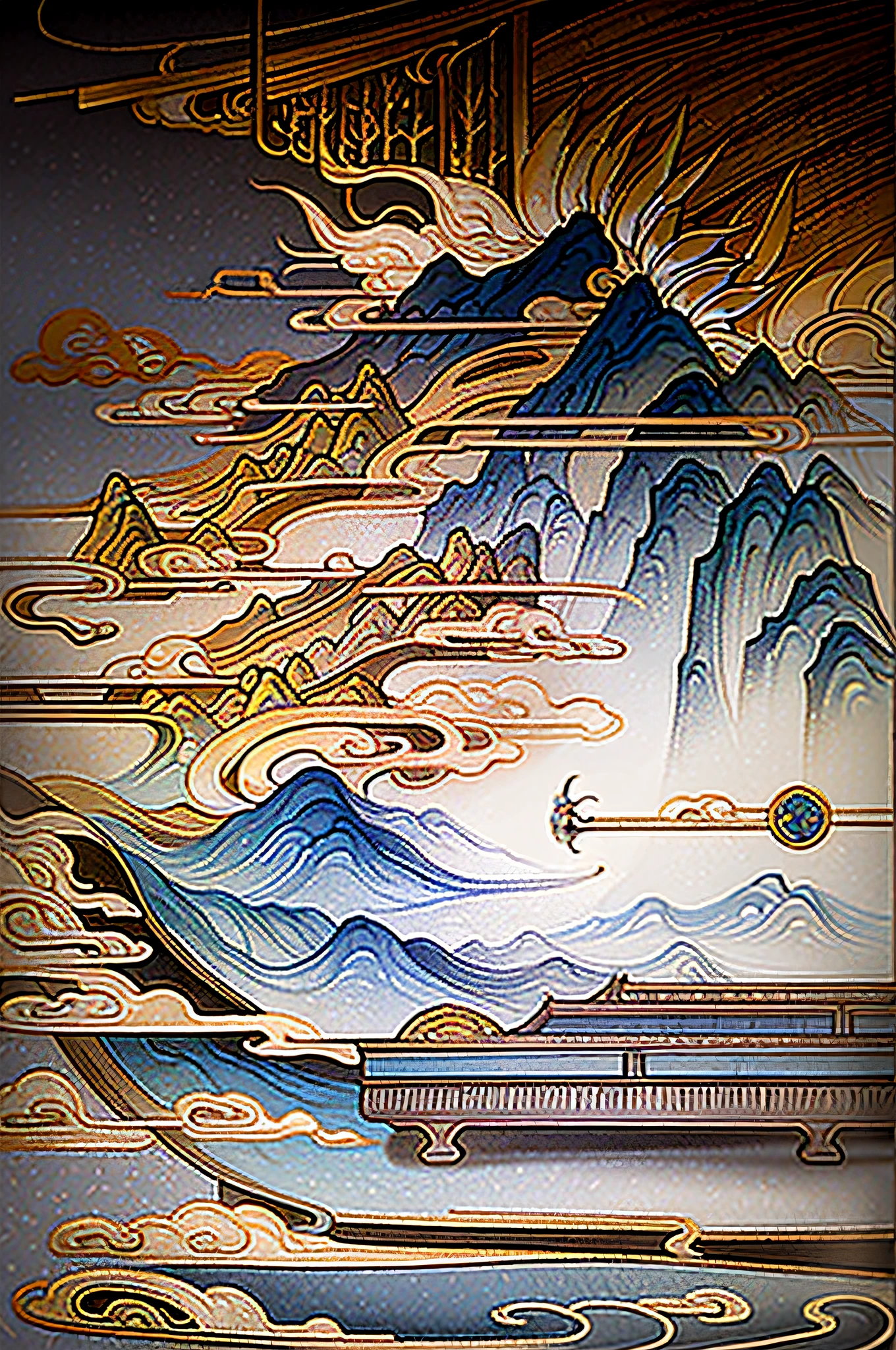 An ancient Chinese painting, ancient Chinese background, mountains, rivers, auspicious clouds, pavilions, sunshine, masterpieces, super detail, epic composition, ultra HD, high quality, extremely detailed, official art, unified 8k wallpaper, Super detail, 32k -- v 6