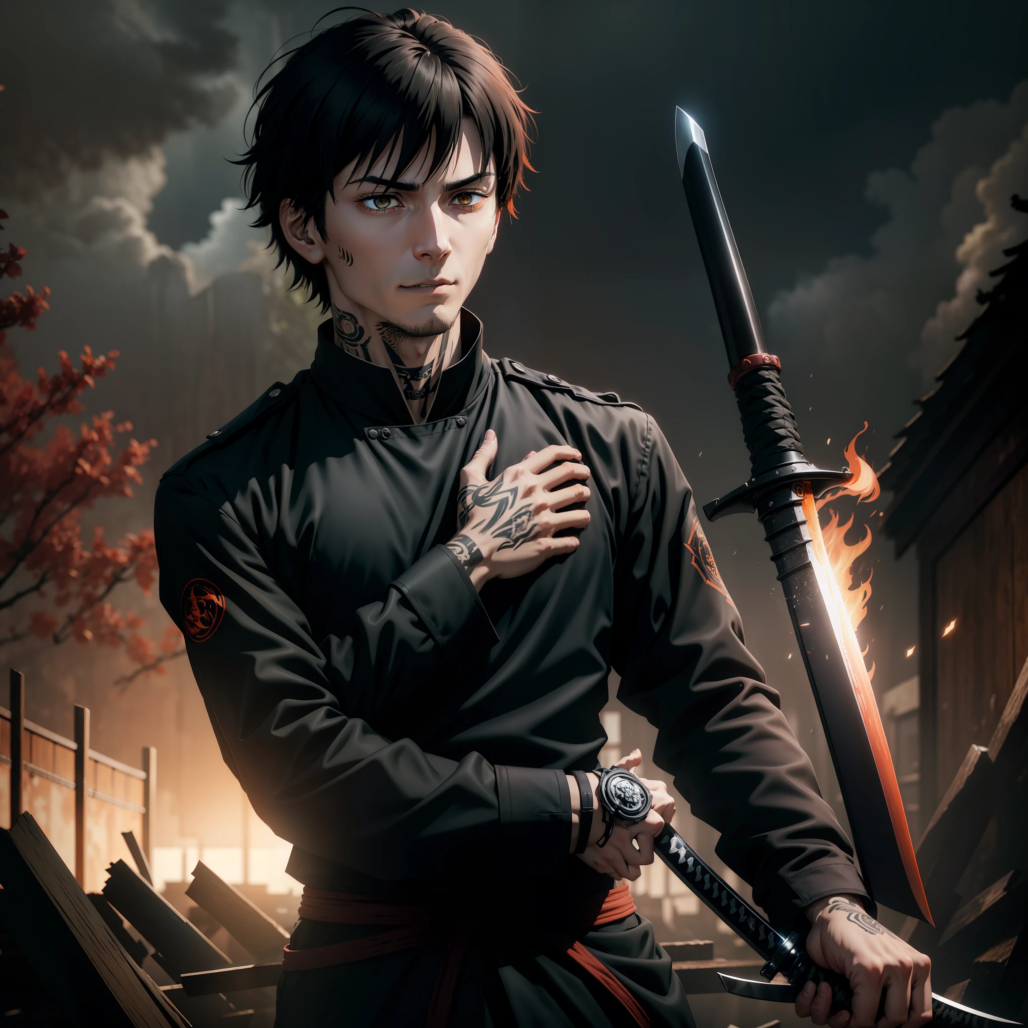 Black hair, Messy hair, Short hair, Undercut, neck tattoo, arm tattoos, Tattoo of pectoral muscles, , Long-sleeved tunic,All the way to the forearm, Black pants stuck together, wielding a sword, Medium sword, Sword with black handle and bright red handguard, Metallic gray blade, vibrant eye colors, Yellow and red eyes, Close-up Shot Shot, creating a crack in reality, Powerful aura, destroyed castle, Very dark, Night, 8K, 64k, k hd, Unbeatable masterpiece, Dynamic lighting, Cinematic, Epic digital art of the highest quality, stunning art, 4k wallpaper, 1boy, Severe characteristics, Take a dahlia。20-year-old boy with two katanas。Wear a black trench coat。Wear a black shirt underneath。Arrogant。self-assured。jaket。There is an orange light in the eyes。Blood ran down his face。Part of the clothes were torn and damaged。The pose is aggressive。In the forest。Thunderstorm weather。The moonlight is bright。highly detailed。tmasterpiece。hyper-detailing。Anime male protagonist。Two katanas in hand。Arrogant。self-assured。The eyes are focused。Pupil constriction。Day man。is fighting people。Blood fell from the face。samurai anime boy black trench coat orange glowing eyes double knife dynamic and visual impact masterpiece high detail movie lighting effects juvenile night long knife handsome ultra hd katana long hair cyberpunk ashura oni god day man male protagonist wearing a black shirt crazy inside laughing in the air stormy weather a boy 20 years old burning fire blood on his face leaves fearless fierce wounded warrior。Not mature enough。largeeyes。shoun