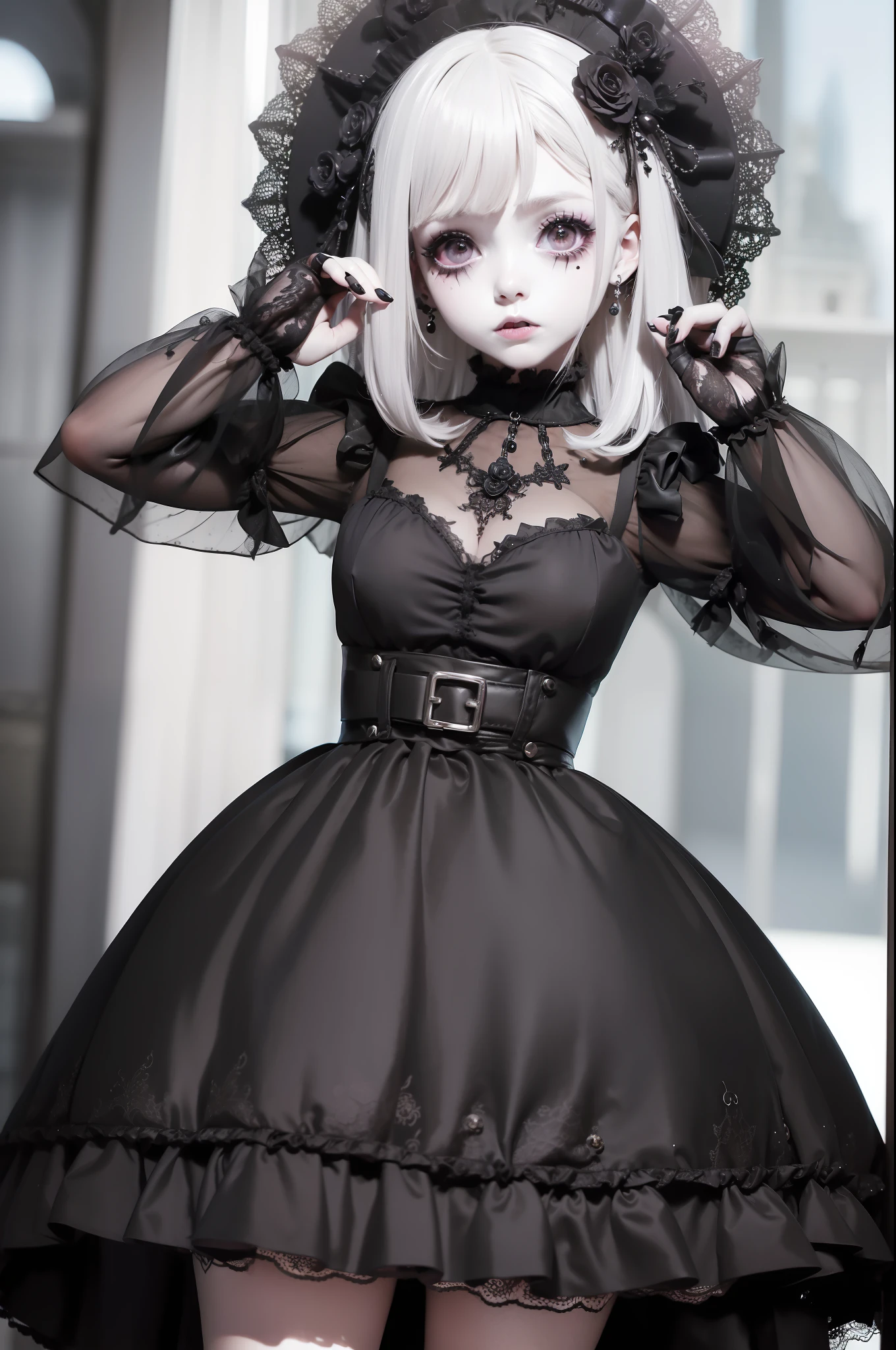 Obra maestra, absurdos,HDR ,Ojos y cara altamente detallados,GothGal, a woman dressed in gothic ballgown holding,runny makeup, see through clothing, encaje, bordado , mujer con un atuendo GothGal, white pale skin, usando un vestido de gala