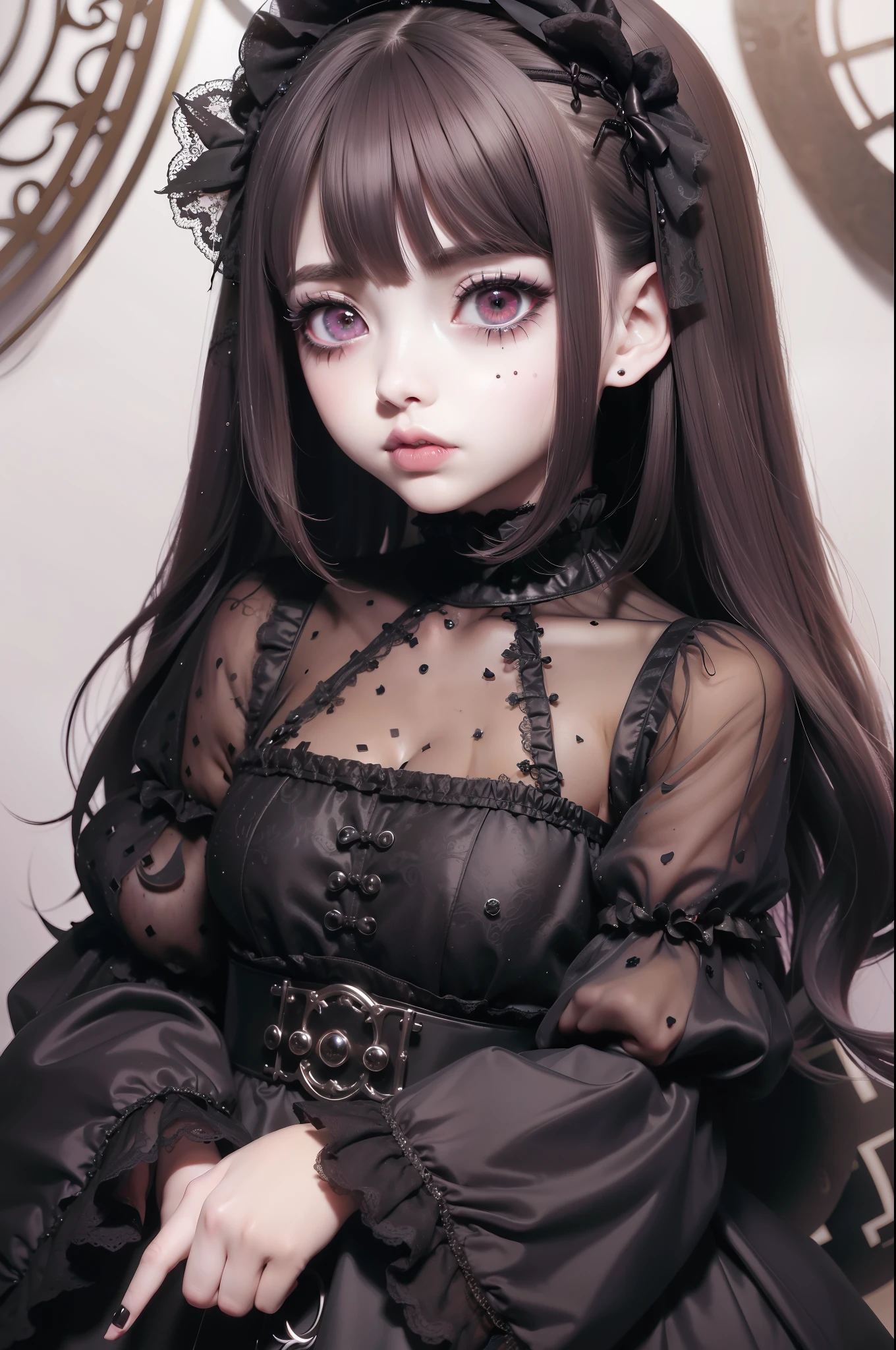 Obra maestra, absurdos,HDR ,Ojos y cara altamente detallados,GothGal, a woman dressed in gothic ballgown holding,runny makeup, see through clothing, encaje, bordado , mujer con un atuendo GothGal, white pale skin, usando un vestido de gala