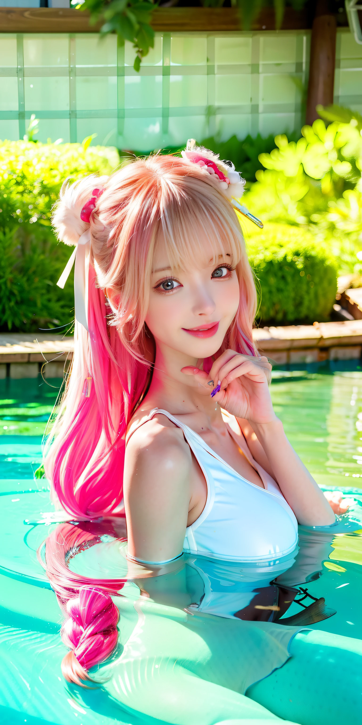 (8k, 4k, best quality, highres:1.2), (maasterpiece, realistic, photo realistic:1.37), 1girl, solo, beautiful face, eyelashes, nose, glossy lips, (detailed eyes, looking at viewer, fair skin, white skin:1.5), fine complexion, upper body,
large breasts, busty,,,
outdoor onsen,
two side up, absurdly long hair, blonde hair, pink hair, bangs, hair ornament, bow,
younger, aged down,