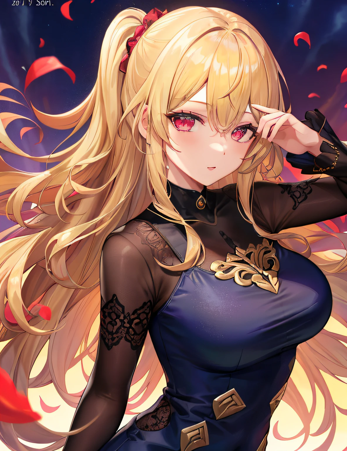 Model shooting style, (masterpiece:1.3), (absurderes:1.3), (top-quality:1.3), (8K), (Masterpiece Digital Art), (Detailed Manga Illustration), (Handle Hair), perfect anatomia, (intricate-detail:1.3), (ultra-detailliert:1.3), (illustratio:1.3), (foco nítido:1.3), (vivd colour:1.3), 1girl in, 独奏, (long-one-piece dress:1), Part of loose, wavy hair covers his face、hair between eye, (Blonde hair), Red Eyes, Floating hair,SUI、tshirts、Cool、A sexy、date