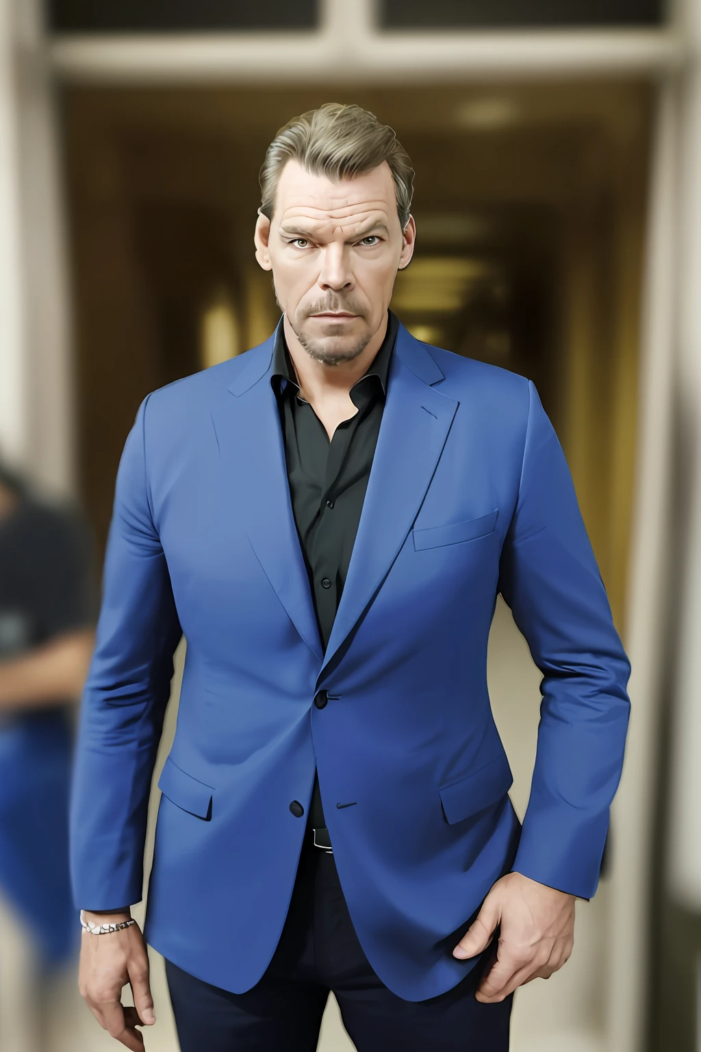 Image of a man in a suit standing in front of a building, personagem do cartaz do filme, 4k ainda, olhar intenso, terno escuro, homem bonito, smug look, Pierce Brosnan como James Bond, Filme ainda de James Bond, epic portrait of menacing, Ainda foto de James Bond, menacing stare, serious business, foto de retrato