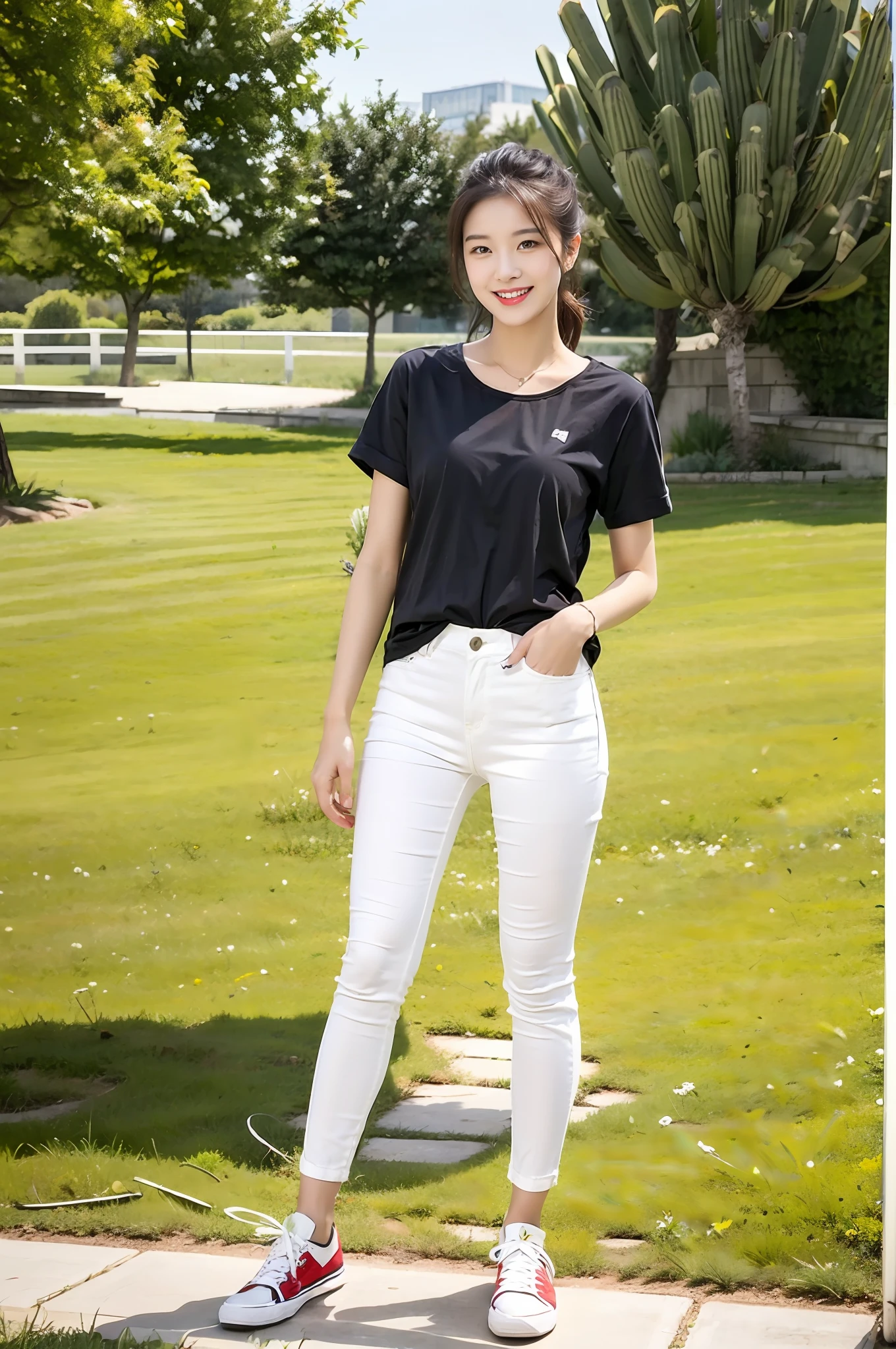 (best qualtiy:1.4),Complicated details,20 years old Korean girl,Wear a loose black T-shirt and skinny jeans,Stand on the grass and take pictures,Detailed meadow,A sweet smile on a small face,Ultra-realistic facial details,Playful and coquettish pose,The calves are straight and slender:1.2,Wear high-end branded colored canvas shoes:1.0,fully body photo:1.8