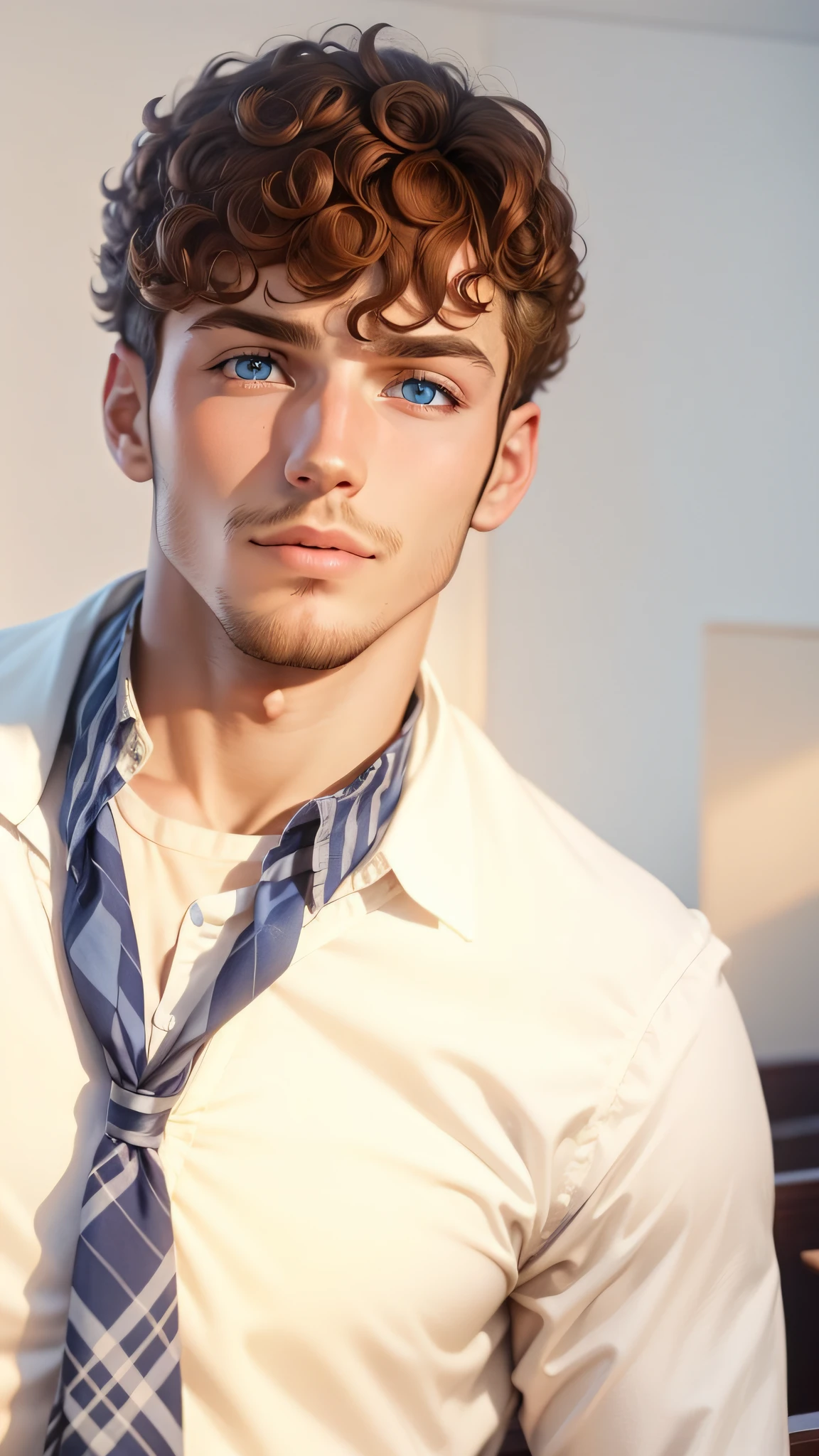 guy with blue eyes, curly chestnut hair. background of a courtroom --auto