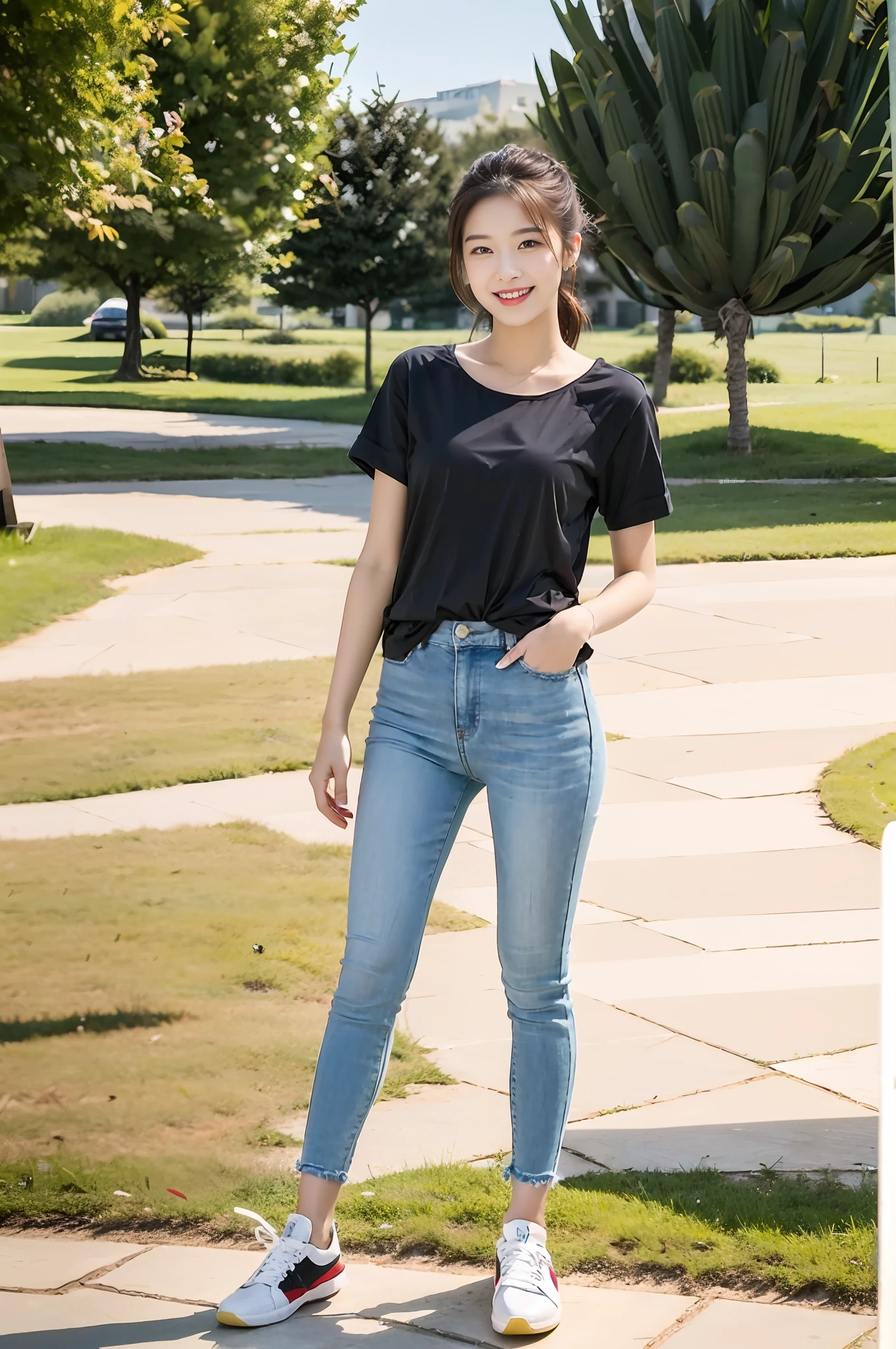 （best qualtiy：1.4），Complicated details，20 years old Korean girl，Wear a loose black T-shirt and skinny jeans，Stand on the grass and take pictures，Detailed meadow，A sweet smile on a small face，Ultra-realistic facial details，Playful and coquettish pose，The calves are straight and slender:1.2，Wear high-end branded colored canvas shoes:1.0，fully body photo:1.8