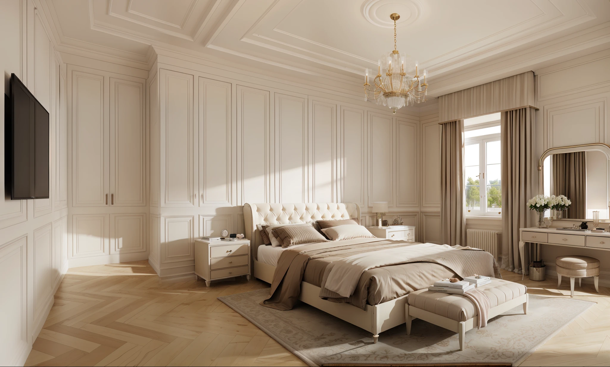 ((indoor neo classical bedroom scene.)), morden bedroom (about bedroom:1.3), (realistic), (masterpiece), super-detailed, ultra-realistic, (full detail), (high quality), (8k), (4k), 1 window from the wall to the ceiling.