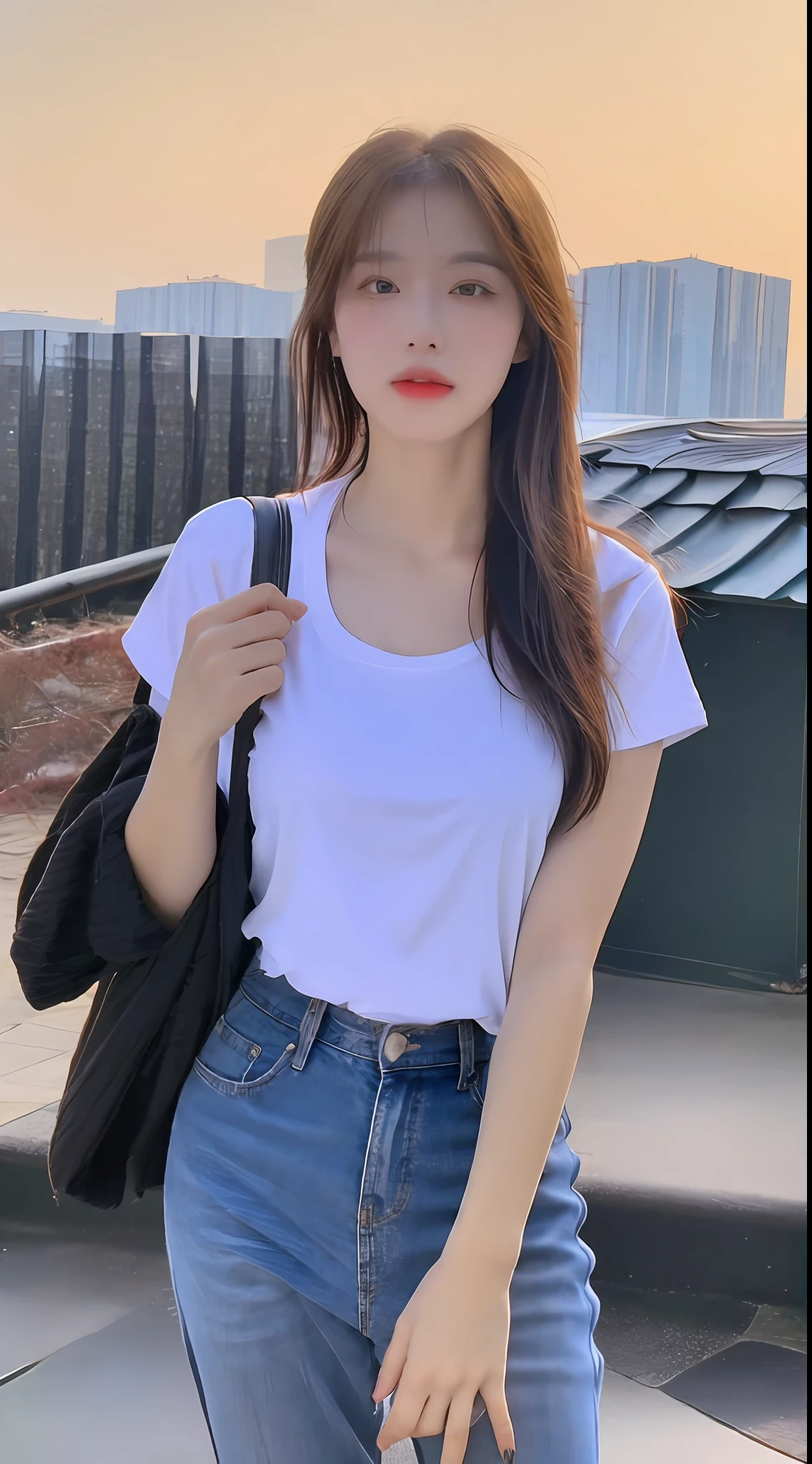 ((Midnight, Best quality, 8k, Masterpiece :1.3)), Whole body, Long legs, Sharp focus :1.2, A pretty woman with perfect figure :1.4, Slender abs :1.1, ((Dark brown hair, Big breasts :1.2)), (White tight tshirt, Jean bib, Standing:1.2), ((Night city view, Rooftop:1.3)), Highly detailed face and skin texture, Detailed eyes, Double eyelid
