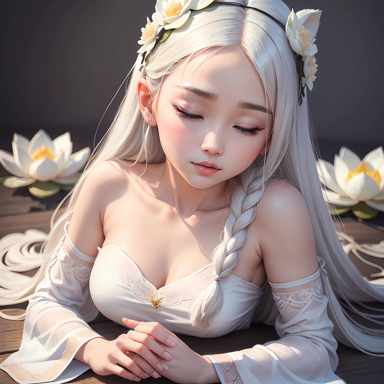 Ancient figures，Realistic characters，Soft and plain as a face like a snow lotus，It has a lustrous luster like warm jade。Keep your eyes closed，The long, dense eyelashes trembled gently，Endearing。Straight nose，Slightly upturned nose，The beautiful nose flutters gently。The delicate lips curve perfectly，The lips are slightly whitish，Pity。 --auto