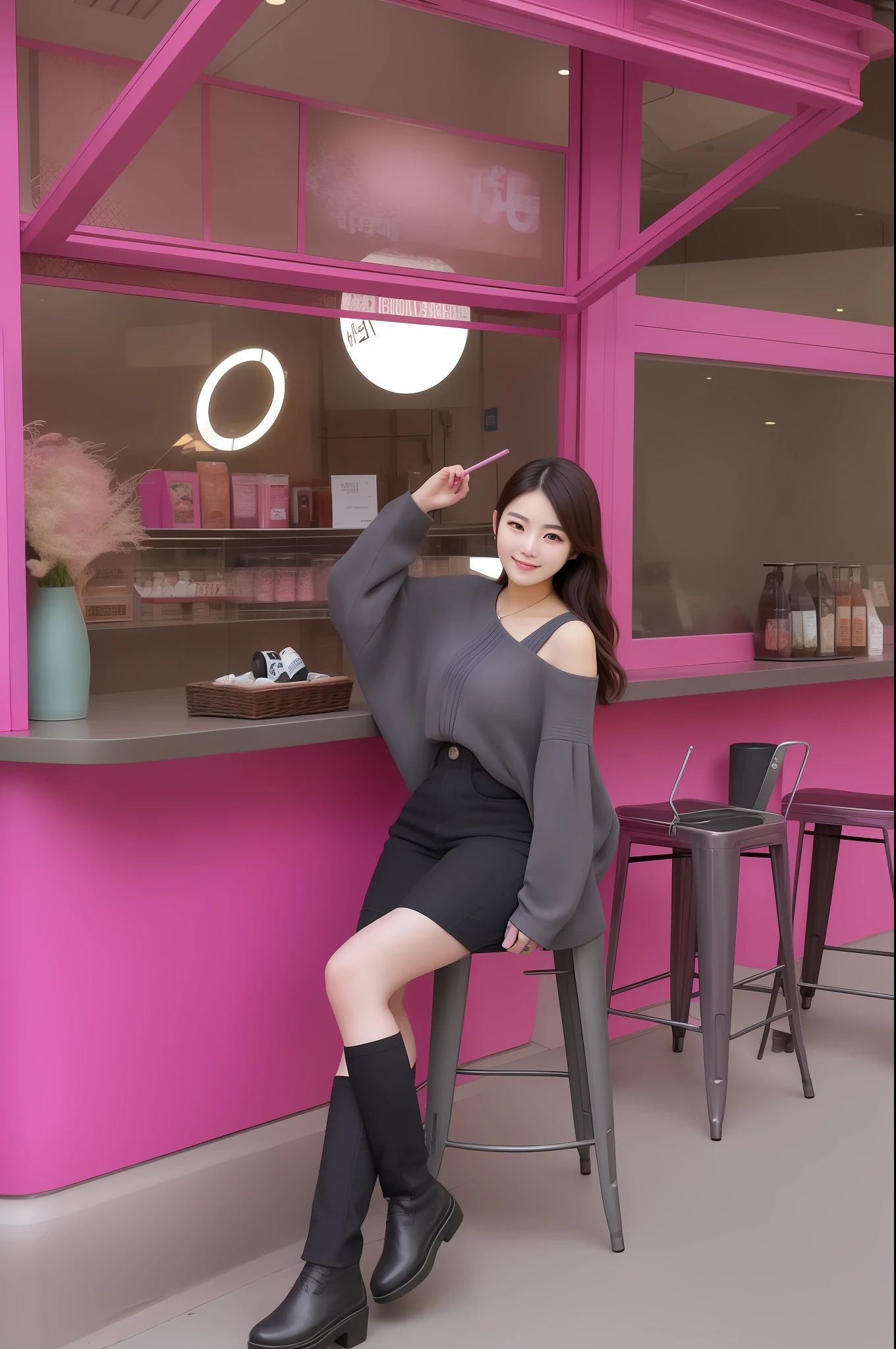 Woman sitting on a stool in front of a pink counter, korean women's fashion model, taken with canon eos 5 d mark iv, height of 165cm, in city street, taken with canon eos 5 d, full subject shown in photo, taken with canon 8 0 d, Gorgeous young Korean woman, 155 cm tall, Medium full shot