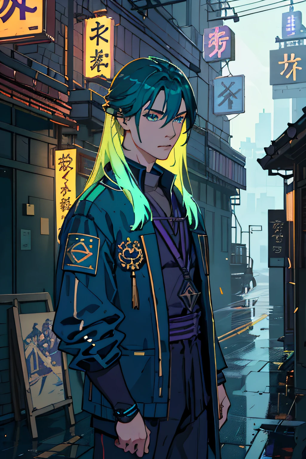Antonio Moro, masterful, (1 male), (Half-body), Short young man, ((male focus)), guy, long green hair, Virtual Antennas, glowing shades of purple and blue, pale skin tone, bright green eyes, sparks, Particles, ciberpunk, Future Man, olhando_at_Viewer, Reinforced green suit, The device of small time on the wrist, 独奏, Standing, symmetric eyes, Subtle eyeshadow, Detailed face and eyes, dinamic lighting, Cinematic lighting, voluminous lighting, extra high resolution, ciberpunk, The city of the future with bright neon lights, Cybernetic landscape, style of: ModelShooting, (Extremely detailed CG unity 8k wallpapers), professional majestic oil painting by Ed Blinkey, Etty Gailan, Studio Ghibli, by Jeremy Mann, Greg Manchess, Trending on Artstuion, trending on CGsociety, Intricate, high detail, sharp-focus, dramatic, Photorealistic painting by Midjourney and Greg Rutkowski.
