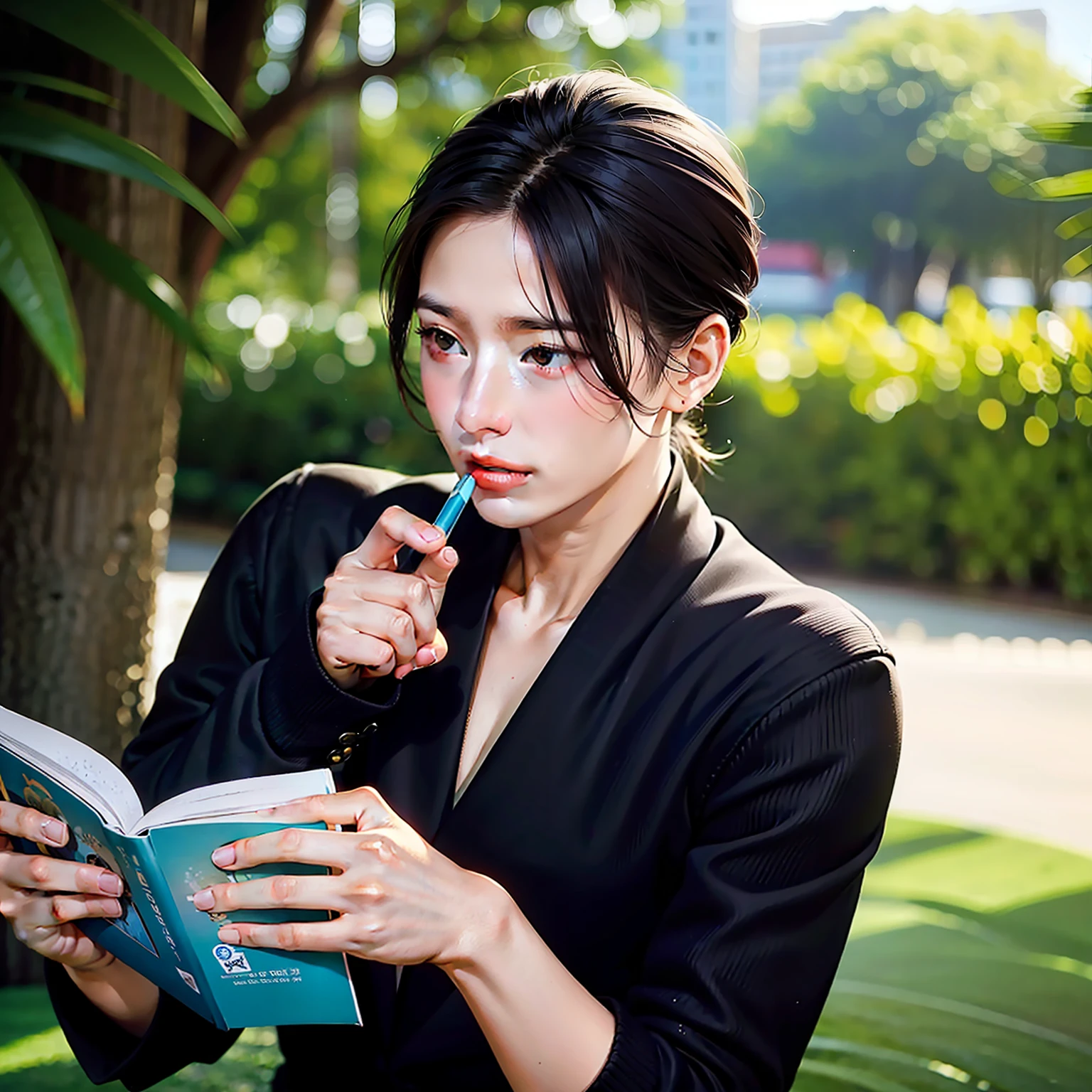 A young man,Macho, androgynous, elegante,sentado em uma cadeira lendo um livro,