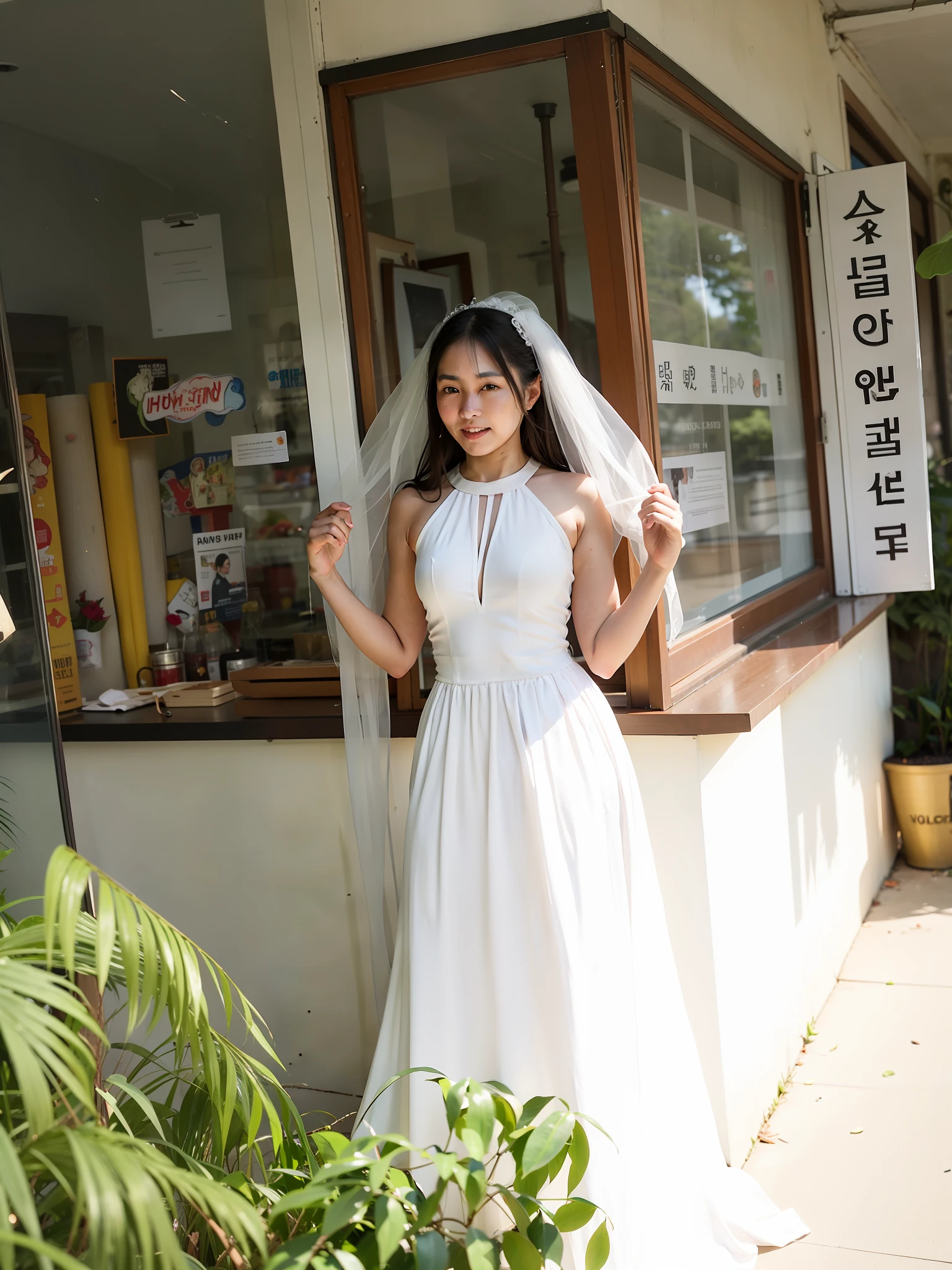 Arakfi woman in a white wedding dress standing in front of the window, Wedding dress, White Hanfu, light yarn, simple white veil, Wearing a wedding dress, kaftan, White dress, shaxi, White gown, Long white dress, height of 165cm, Choi Hyun-hwa, in a long white dress, white polygonal dress, Bride