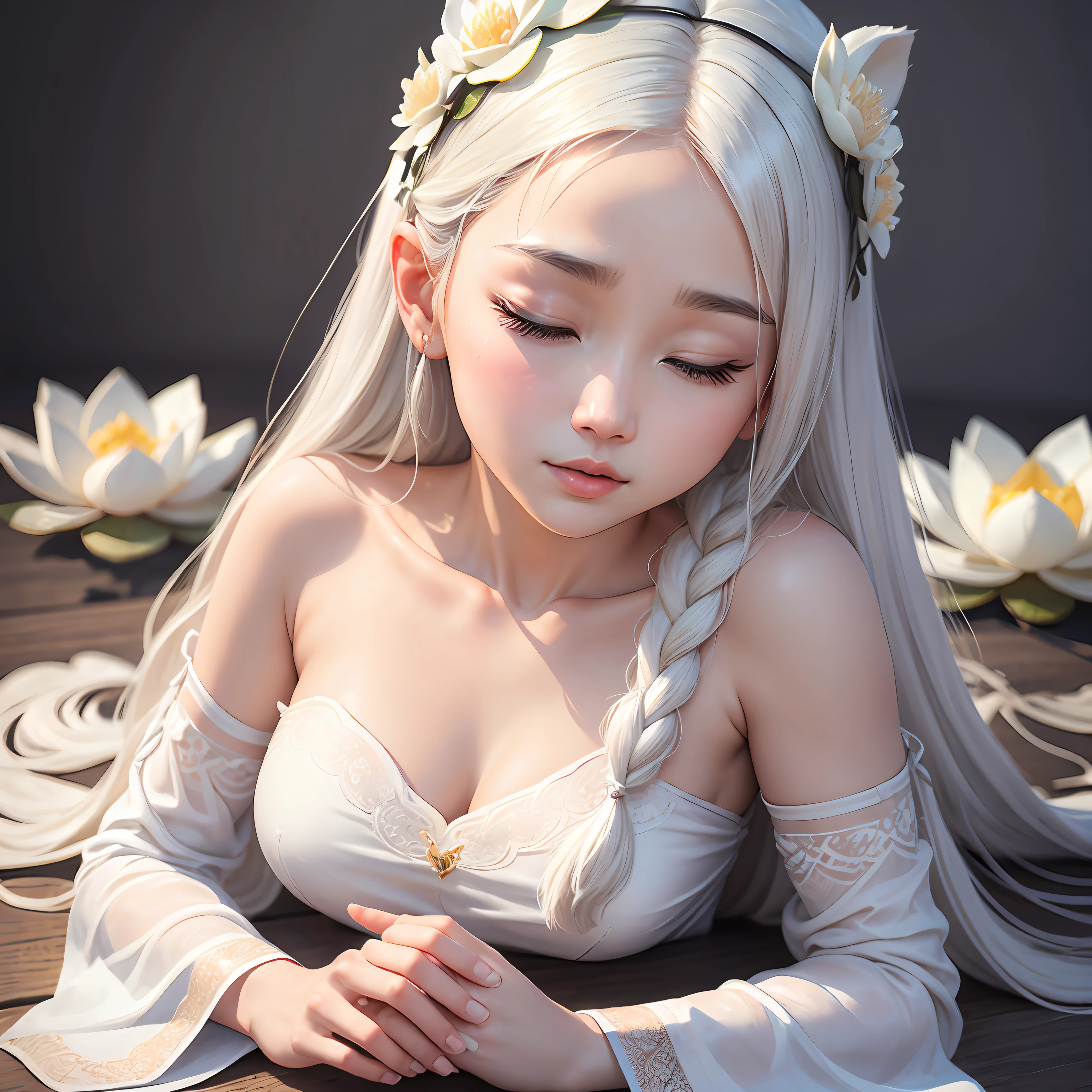 Ancient figures,Realistic characters,Soft and plain as a face like a snow lotus,It has a lustrous luster like warm jade。Keep your eyes closed,The long, dense eyelashes trembled gently,Endearing。Straight nose,Slightly upturned nose,The beautiful nose flutters gently。The delicate lips curve perfectly,The lips are slightly whitish,Pity。 --auto