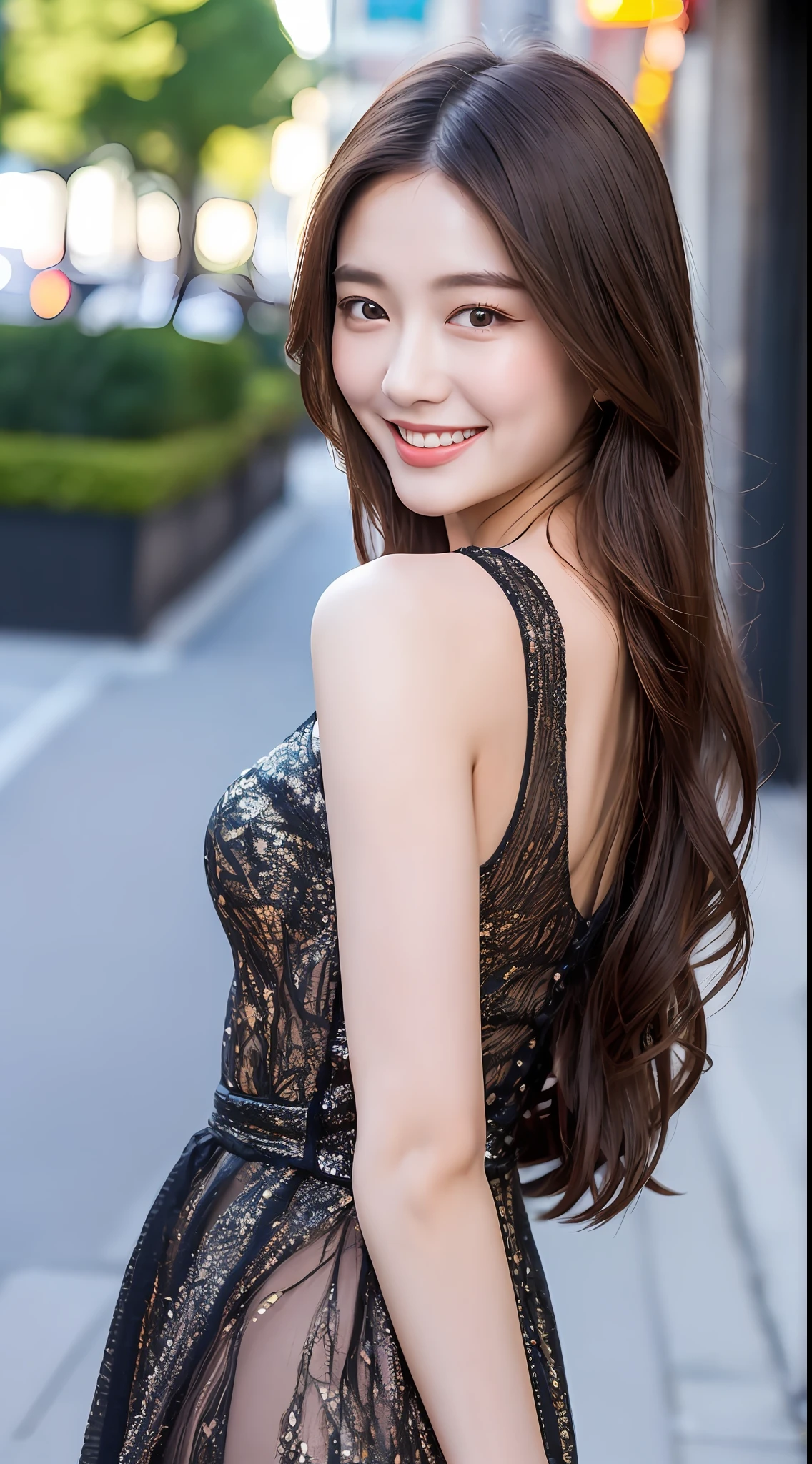 ((Best quality, 8k, Masterpiece :1.3)), 1girl, smiling, full body, slim face, Pretty woman, (Dark brown hair), full length dress :1.1, Ultra-detailed face, Detailed eyes, Double eyelid, blur background, slim face, city, outside, street,