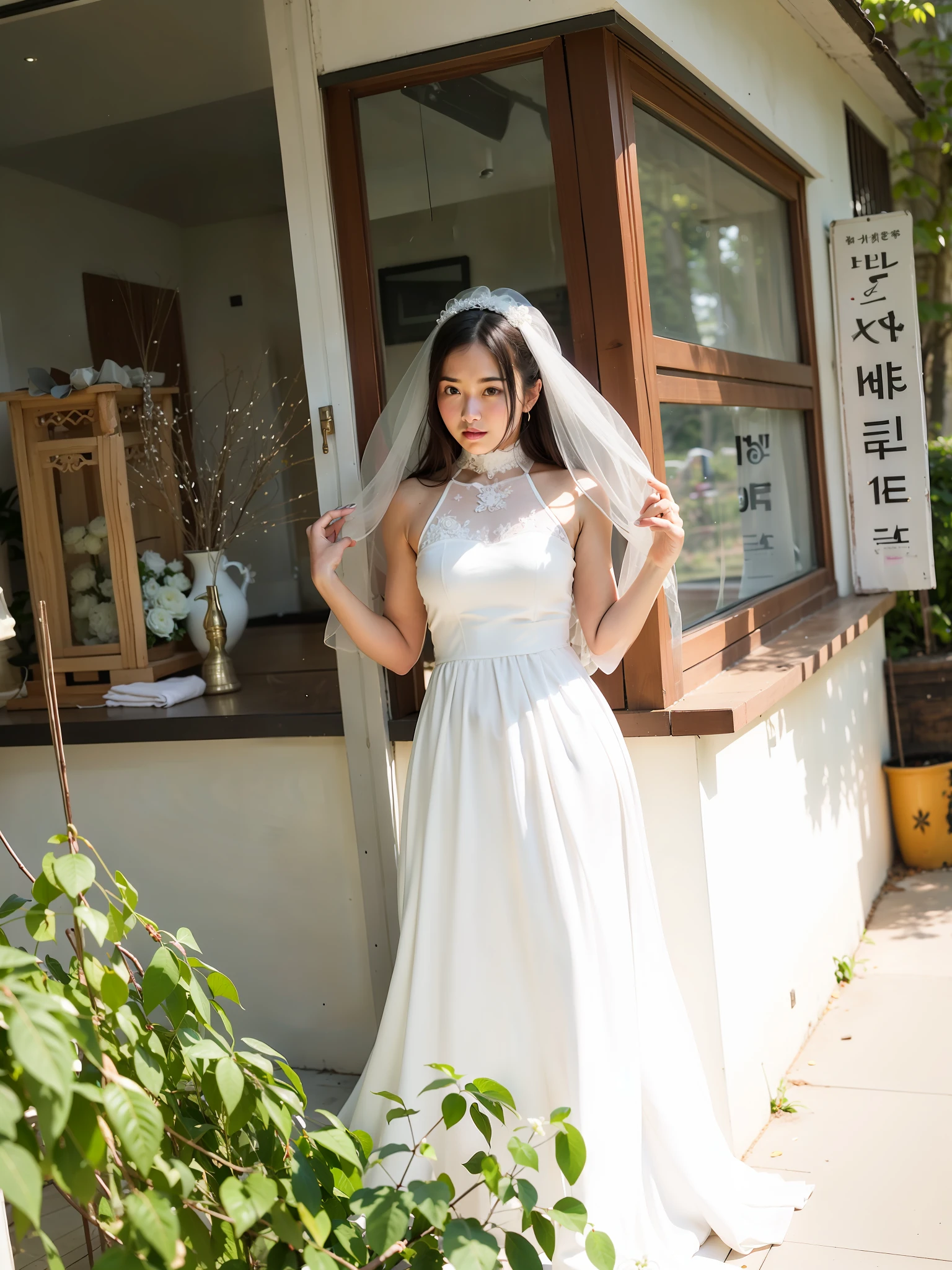 Arakfi woman in a white wedding dress standing in front of the window, Wedding dress, White Hanfu, light yarn, simple white veil, Wearing a wedding dress, kaftan, White dress, shaxi, White gown, Long white dress, height of 165cm, Choi Hyun-hwa, in a long white dress, white polygonal dress, Bride
