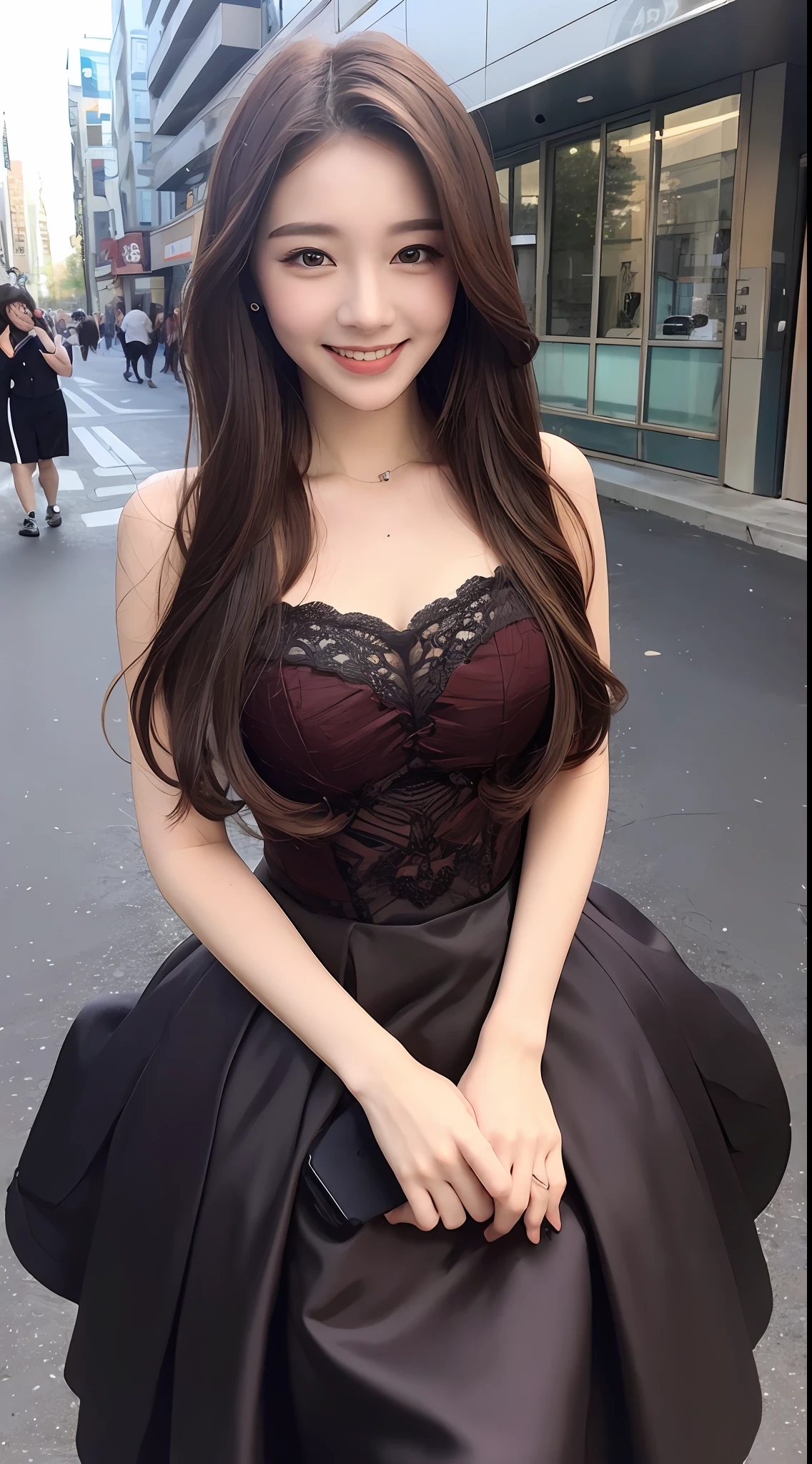 ((Best quality, 8k, Masterpiece :1.3)), 1girl, smiling, full body, slim face, Pretty woman, (Dark brown hair), full length dress :1.1, Ultra-detailed face, Detailed eyes, Double eyelid, blur background, slim face, city, outside, street,