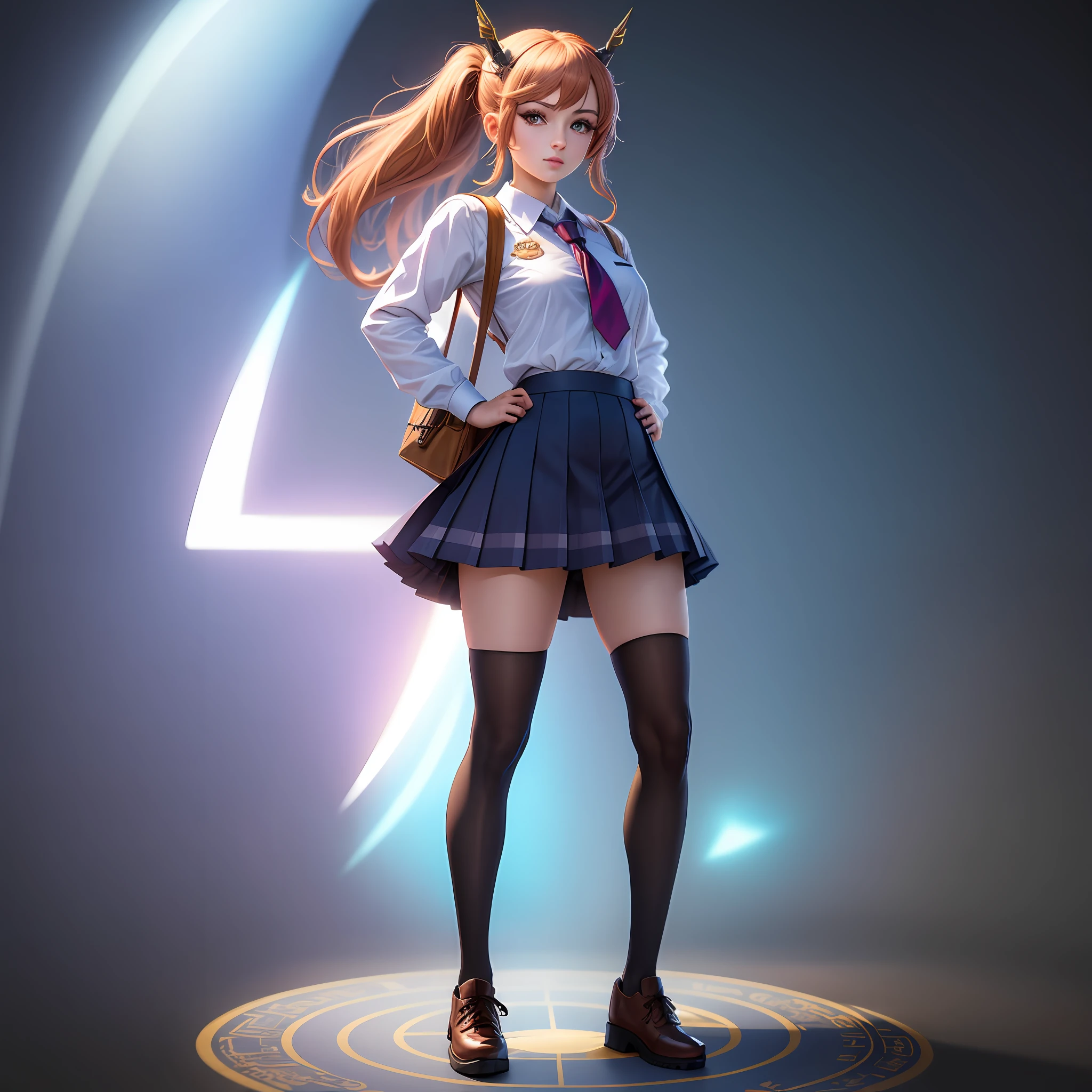 "Create an ultra-detailed Sagittarius zodiac schoolgirl character, highlighting all the characteristics associated with Sagittarius. Standing in the center, full body, with a background that complements the theme."