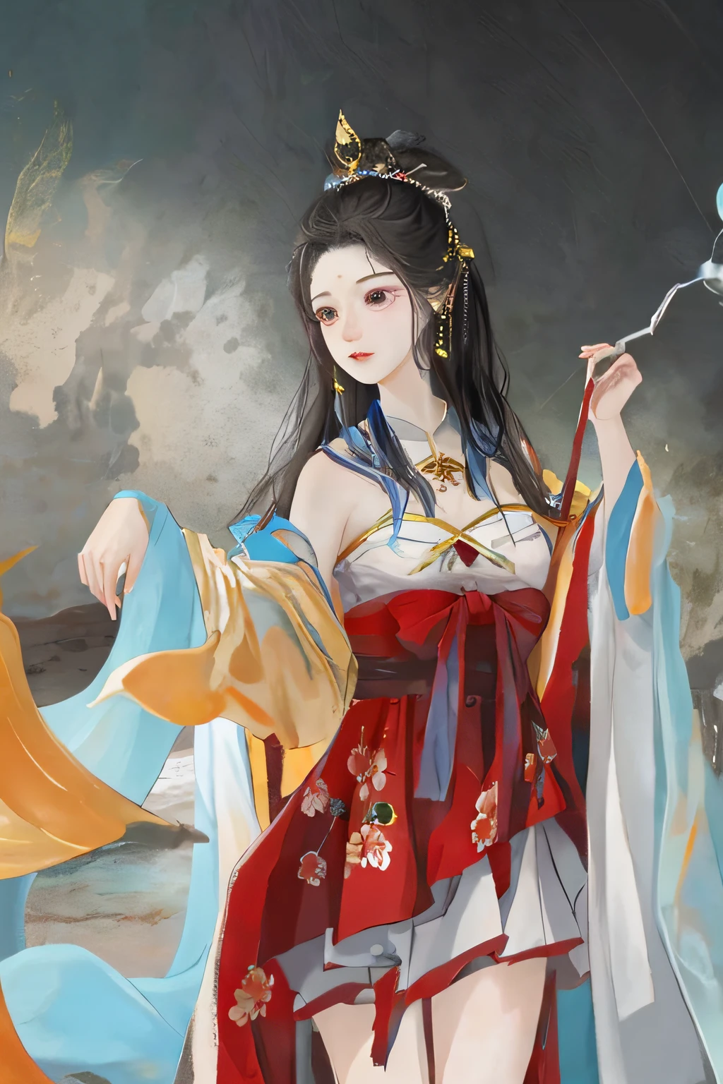 Ancient Chinese beauties sit on stones，queen，wearing ancient Chinese costume，Flowing tulle，Light silk，The posture of staring at the world，large lotus leaf，lotuses，Ink painting style，clean color，Decisive cut，Leave white space，impressionistic，tmasterpiece，ultra-detailliert，Epic composition, high qulity, HighestQuali