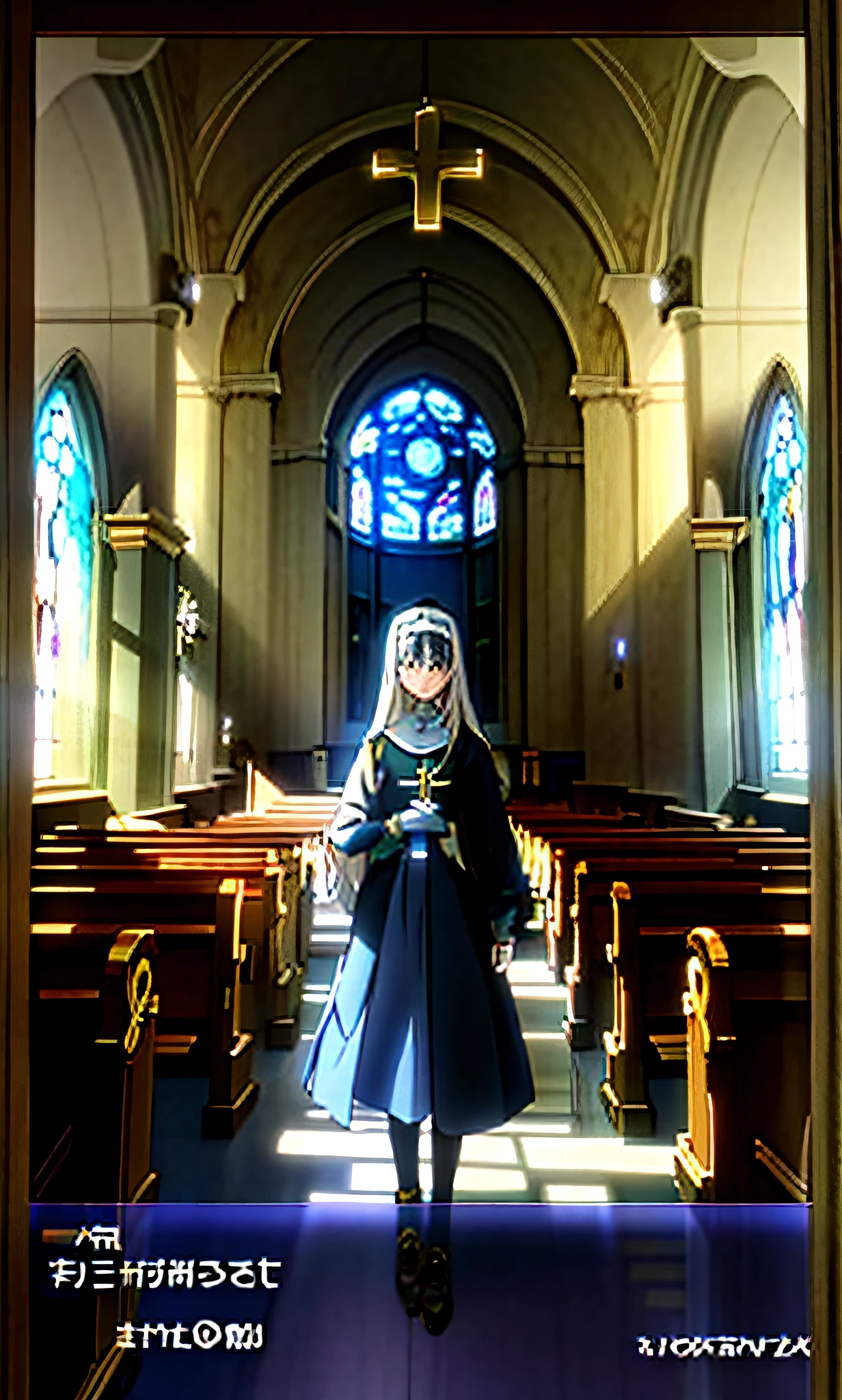 Anime characters in churches with crosses and stained glass windows, Today's featured anime stills, standing in front of the altar, mary in a sanctuary, makoto sinkai, anime film still, screenshot from the anime film, ( ( Makoto Shinkai ) ), standing in a church, in an ancient altar, in a sanctuary