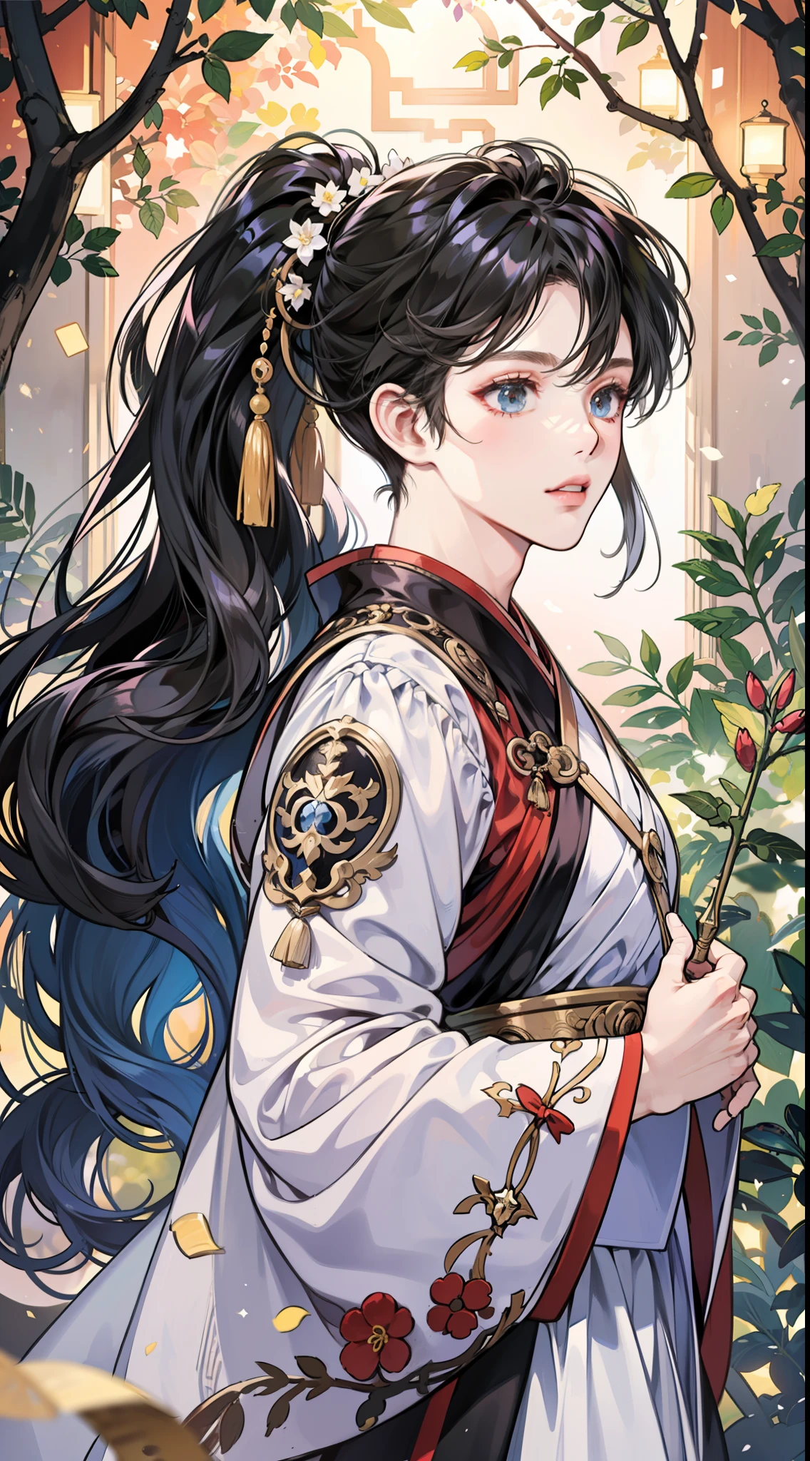 Masterpiece, best quality, high quality, very detailed CG unified 8k wallpaper, girl with long black ponytail, wearing cool period costume Hanfu, handsome, standing fairy streamer national style Chinese style, breeze, needles, branches, bokeh, depth field