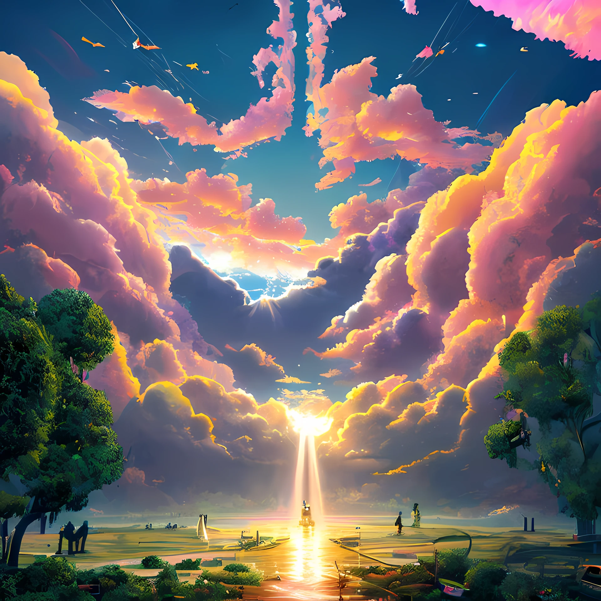 Heaven if it were cyberpunk, volumetric, neon, clouds, bright lights, angelic, beautiful scenery