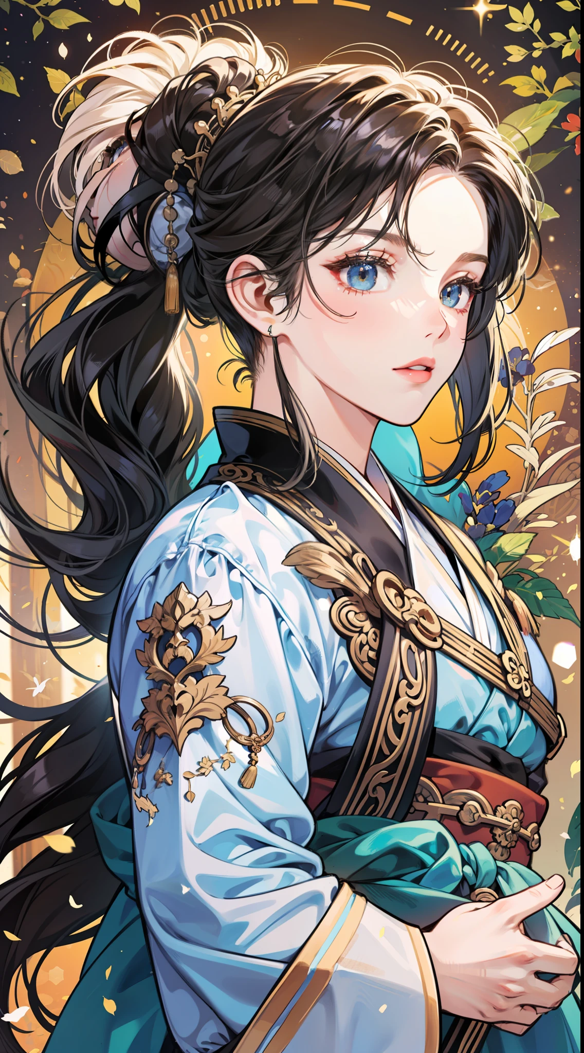 Masterpiece, best quality, high quality, very detailed CG unified 8k wallpaper, girl with long black ponytail, wearing cool period costume Hanfu, handsome, standing fairy streamer national style Chinese style, breeze, needles, branches, bokeh, depth field