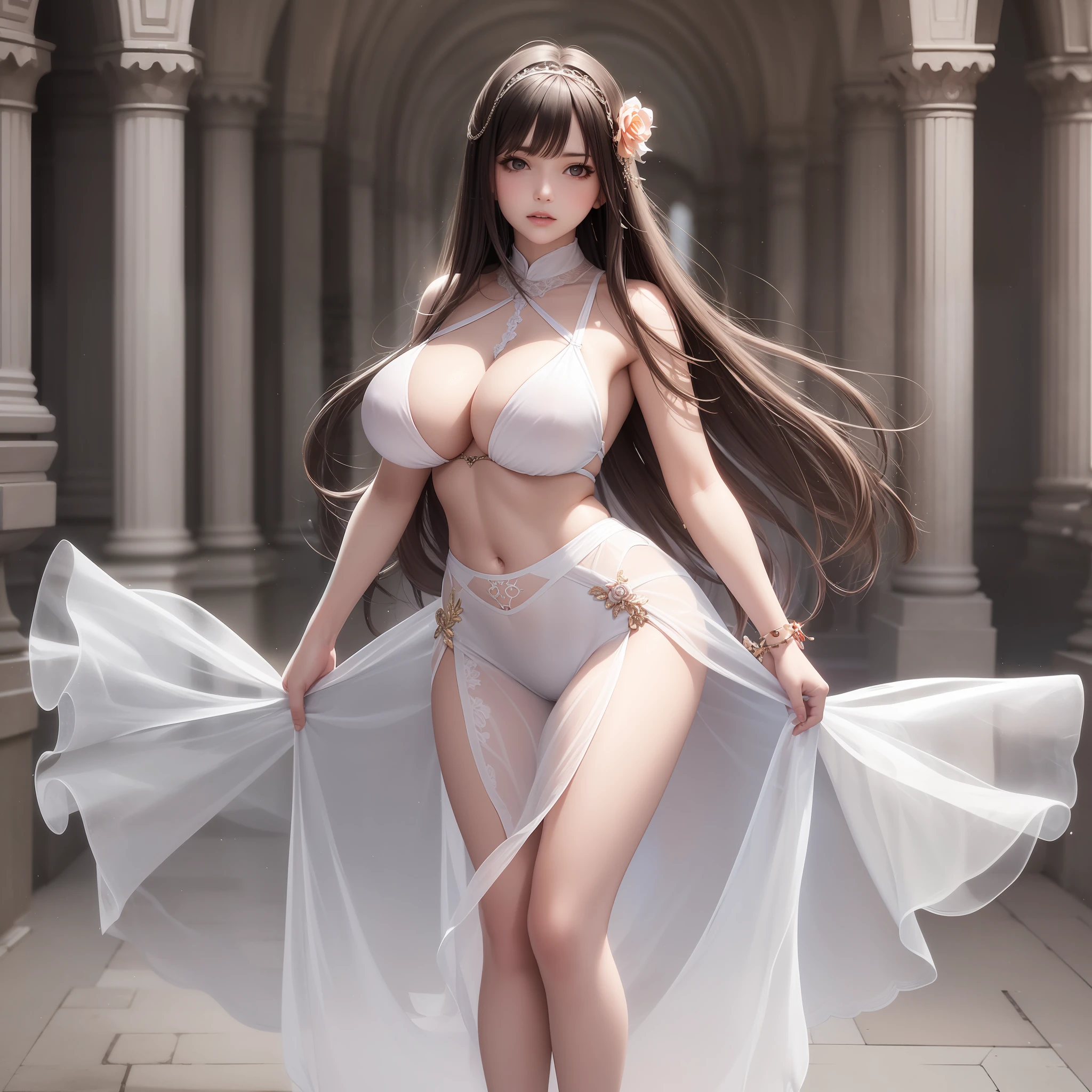 (Full body photo) model, simple background, alone, a girl, 18 years old, beautiful face, soft long hair, flowing, showing figure, breasts squeezed together, big breasts full, straight, tall figure, peach buttocks, transparent tulle, V-arms, bangs, real, realistic, delicate, photo, (shiny skin), (transparent areola) (clear focus: 1.2). 4K, HDR, DSLR camera shooting, professional photography, detailed textures --ar 3:2 --v 5 --auto --s2