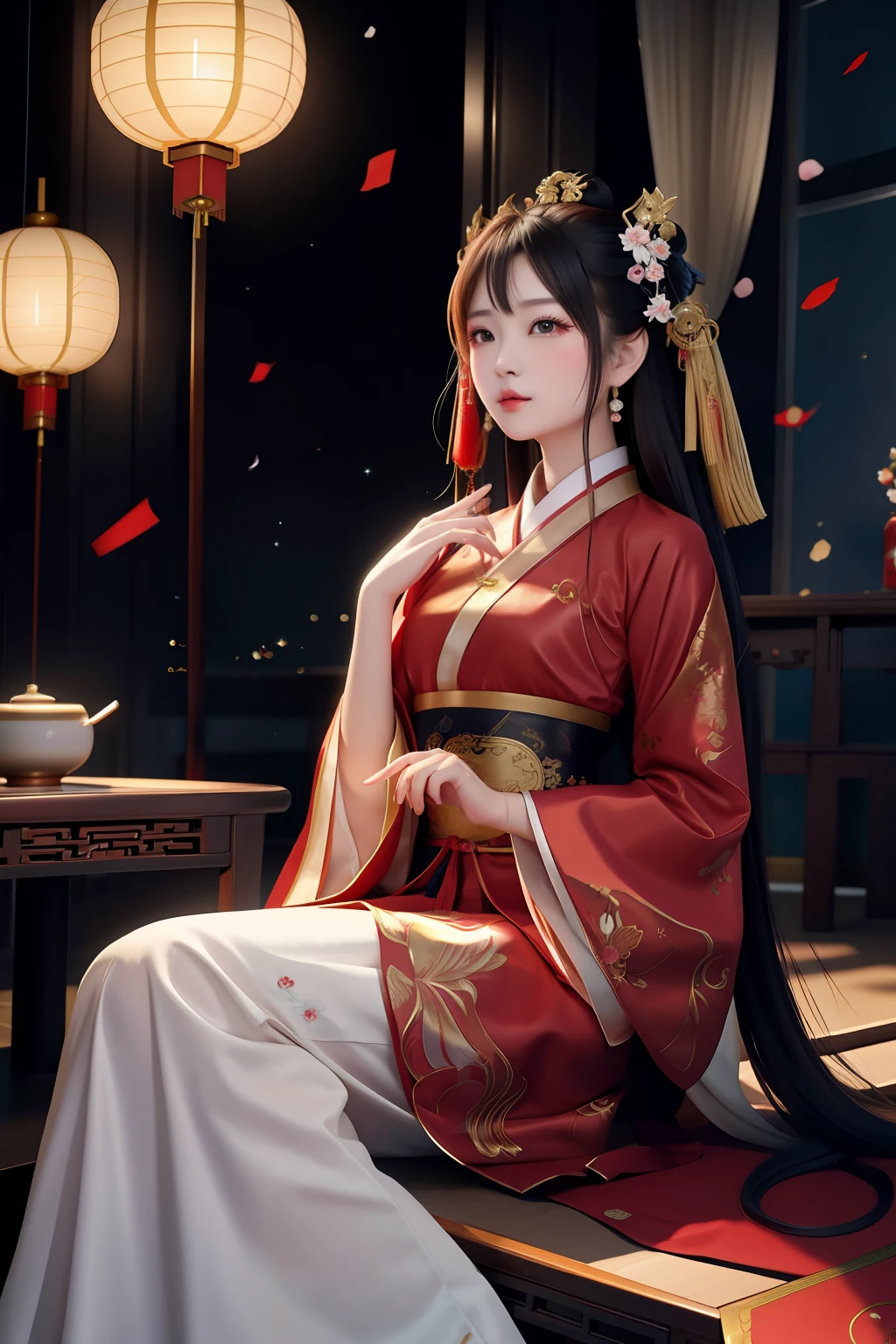 Asian woman in traditional dress sitting on living room chair,Organ Zhuang。One was dressed in a red Han suit,A traditional Chinese beauty in a bun,Chinese style ten-flat shirt+Ancient and clear。