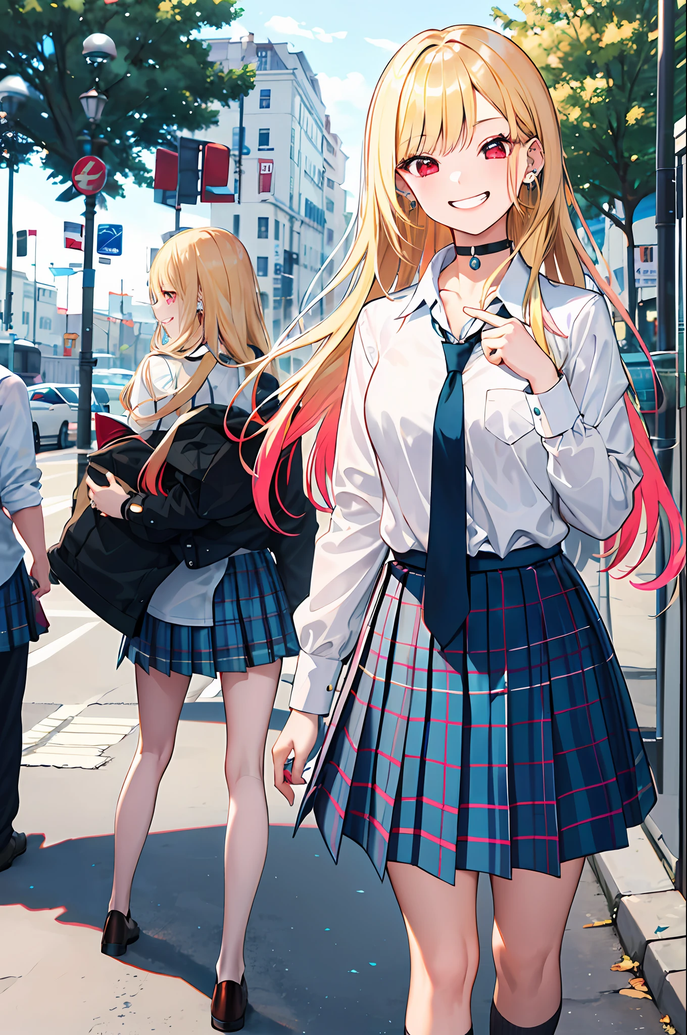 masterpiece, best quality, highres, kitagawa marin, 1girl, blonde hair, long hair, multicolored hair, red eyes, jewelry, earrings, piercing, school uniform, white shirt, tied shirt, black choker, blue necktie, plaid skirt, grin, smile, standing, cowboy shot, outdoors,