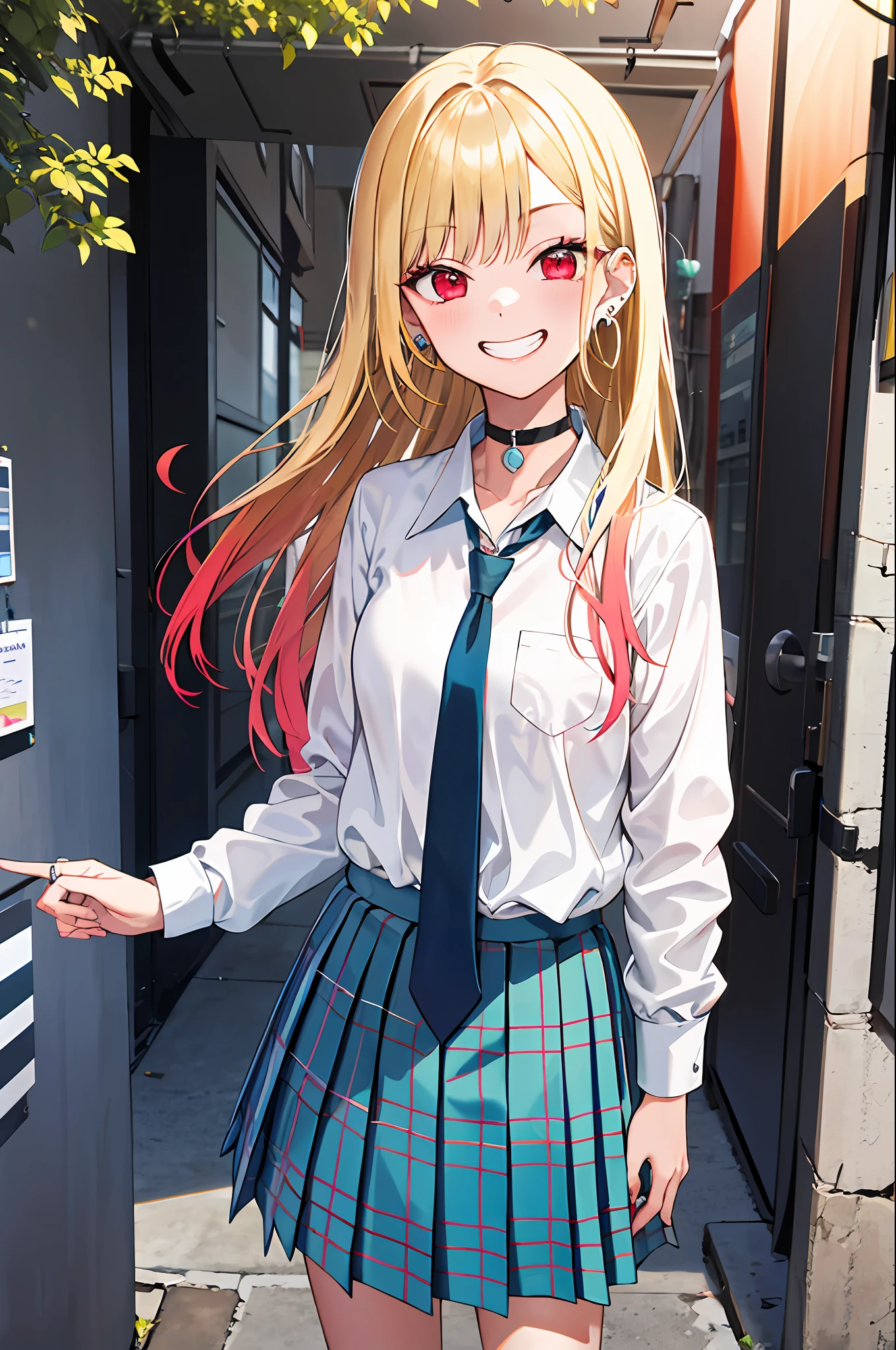 masterpiece, best quality, highres, kitagawa marin, 1girl, blonde hair, long hair, multicolored hair, red eyes, jewelry, earrings, piercing, school uniform, white shirt, tied shirt, black choker, blue necktie, plaid skirt, grin, smile, standing, cowboy shot, outdoors,