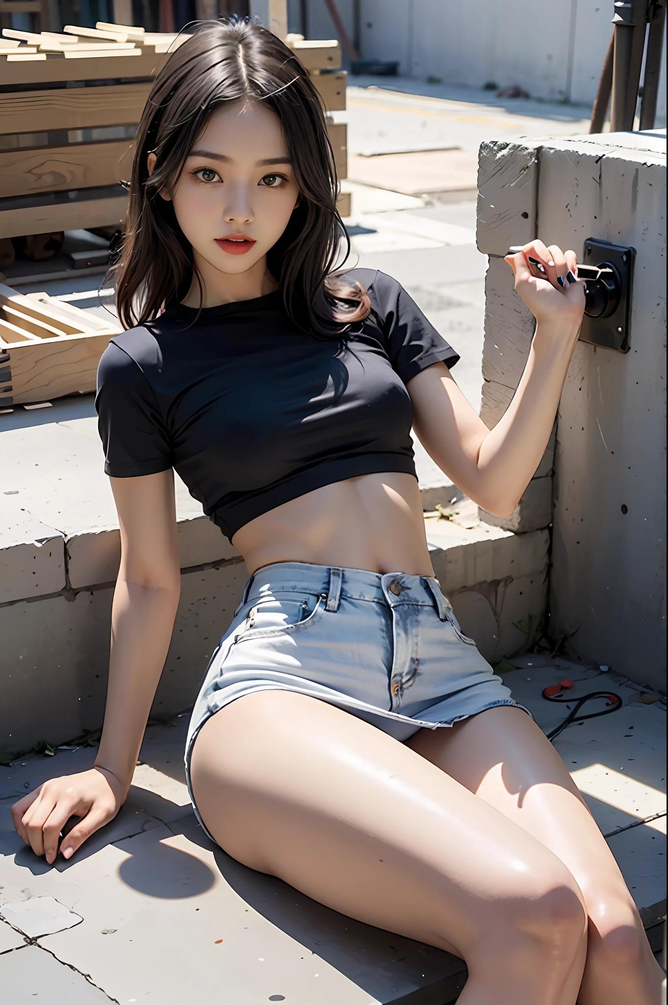 Girl posing for photo in white bra and tight denim skirt,full bodyesbian,legs are open,With a cropped T-shirt、brassier,Slim body,Smaller bust,Slim girl model,24 years old female model,Lying on the construction site,A group of black men watched,black pantyhoses