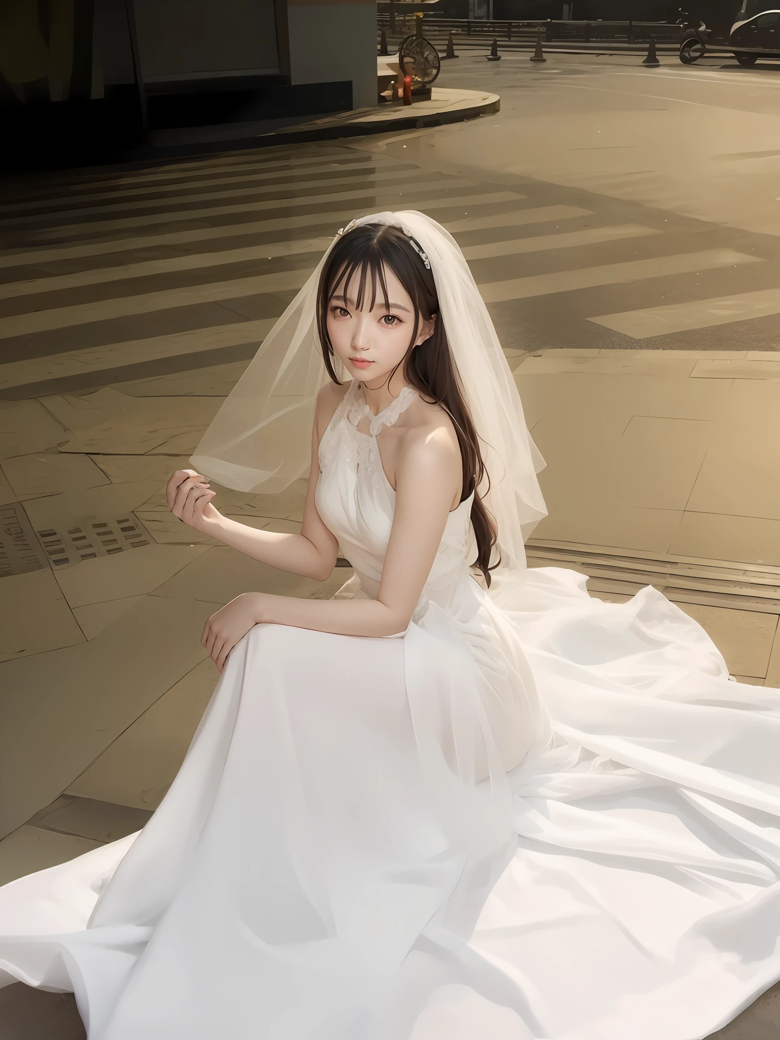 there is a woman sitting on the ground in a white dress, Wearing a wedding dress, shaxi, Wu Liu, jiyun chae, Lu Ji, beautiful Korean women, korean women's fashion model, wei wang, Zhang Jingna, wenfei ye, kan liu, xue han, Korean woman, Kim Hyun-joo, Beautiful young Korean woman