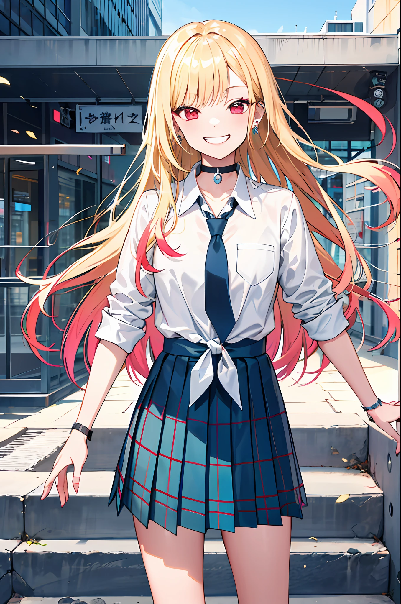 masterpiece, best quality, highres, kitagawa marin, 1girl, blonde hair, long hair, multicolored hair, red eyes, jewelry, earrings, piercing, school uniform, white shirt, tied shirt, black choker, blue necktie, plaid skirt, grin, smile, standing, cowboy shot, outdoors,