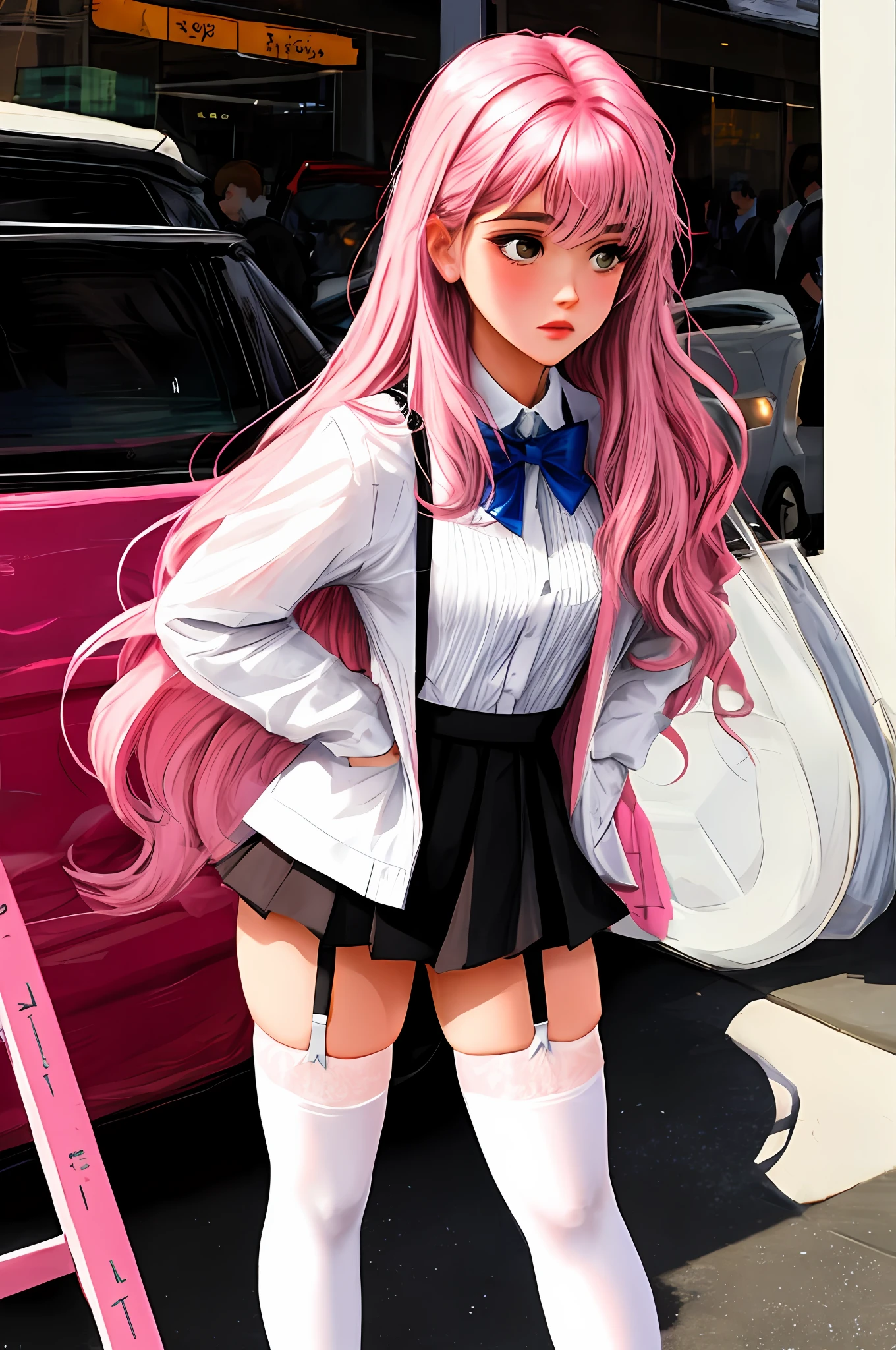 4K,s girl,A pink-haired,White suspender stockings,Clothing indentation